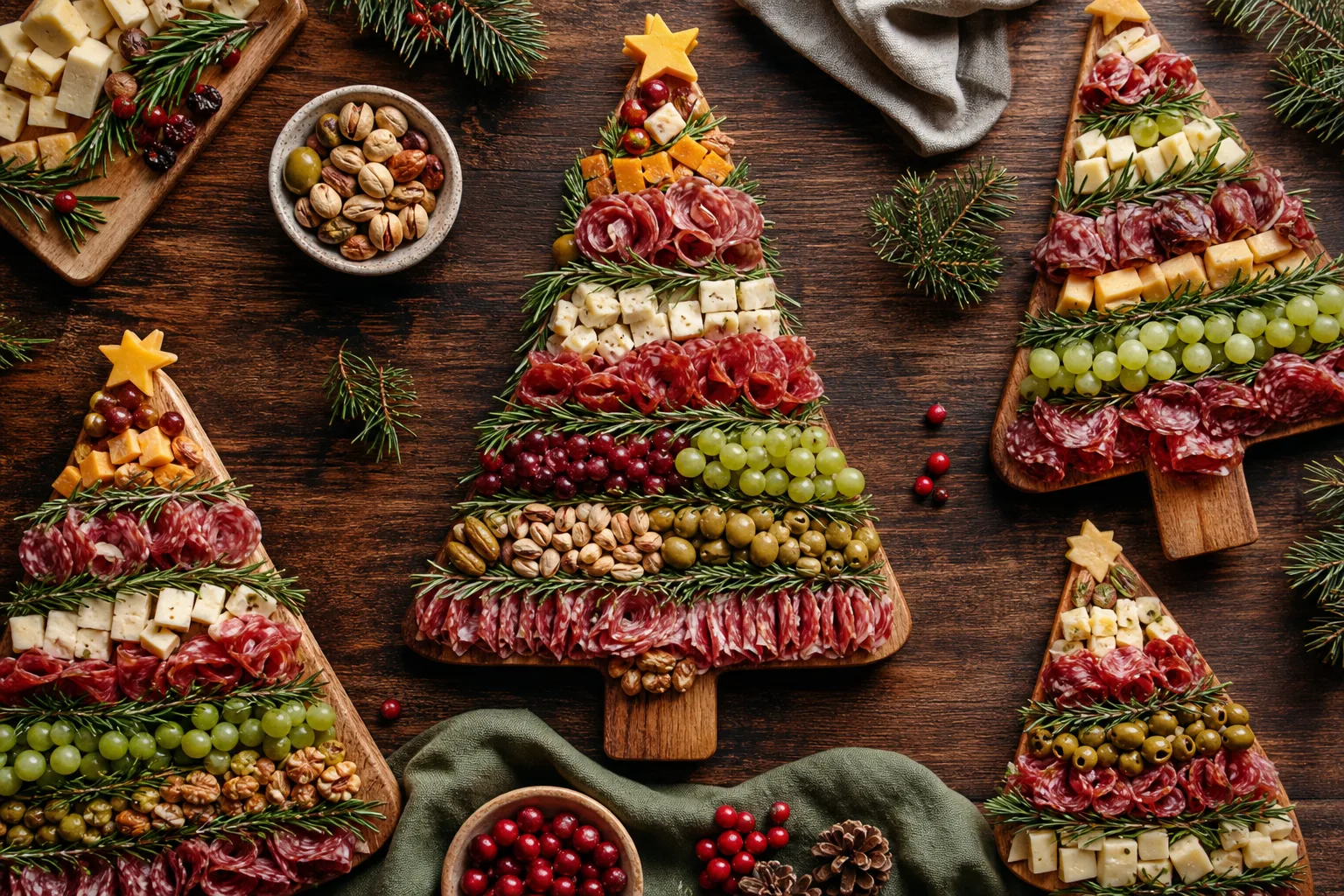 12 Christmas Tree Charcuterie Boards Stacked With Rosemary, Cheese and Salami