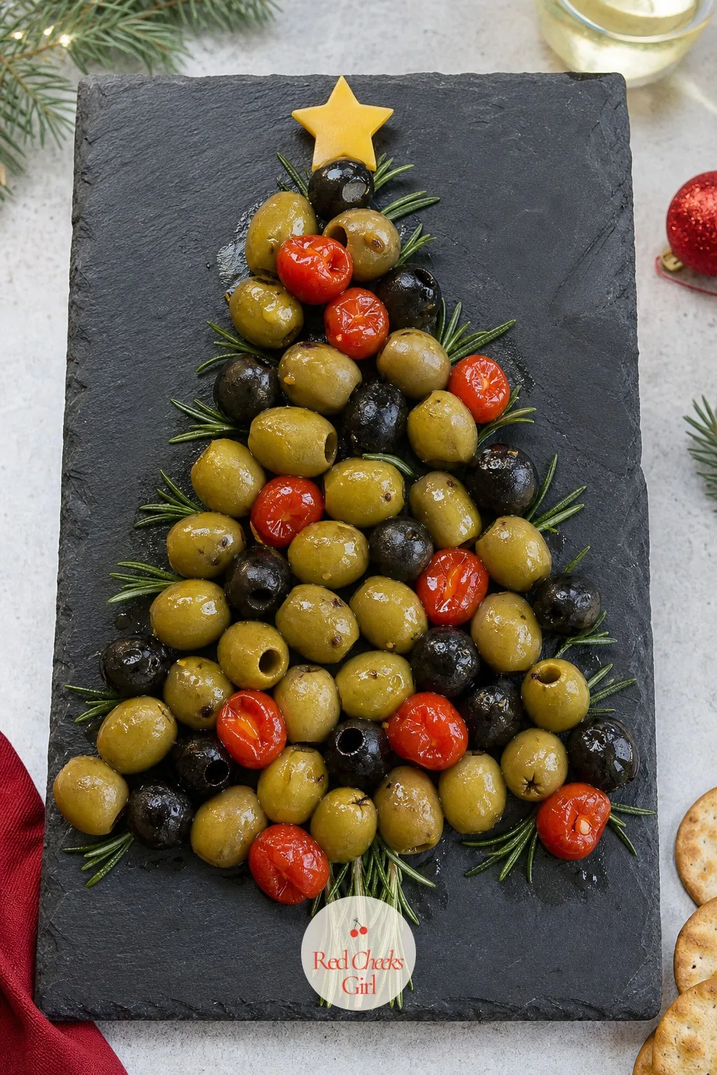Olive and Pepper Tree — The board for the wine drinkers, not the sparkling cider crowd. Christmas tree charcuterie board