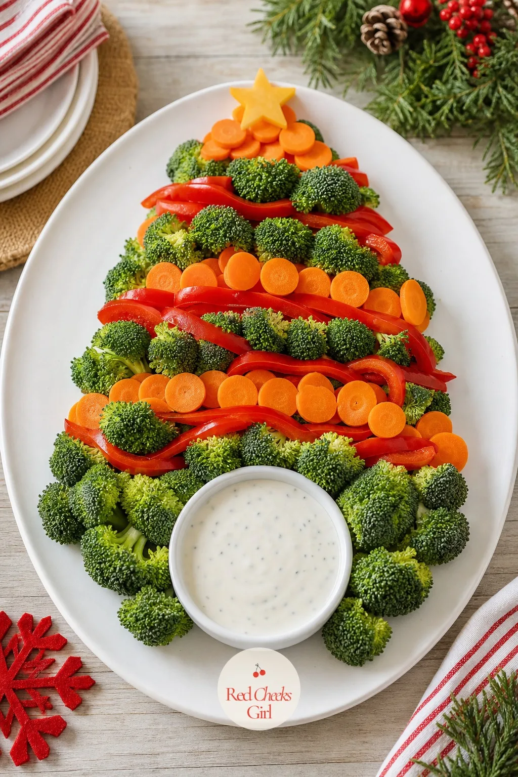 Veggie Tree with Ranch — For the table that always ends up with one sad bag of baby carrots nobody touched: give the vegetables the same tree treatment as the