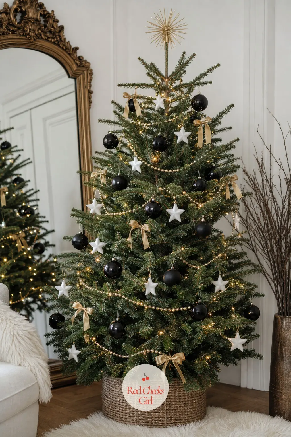 Black, White and Gold Beside the Antique Mirror — Black is not a traditional Christmas color, but set against an antique mirror, dried branches in a tall vase