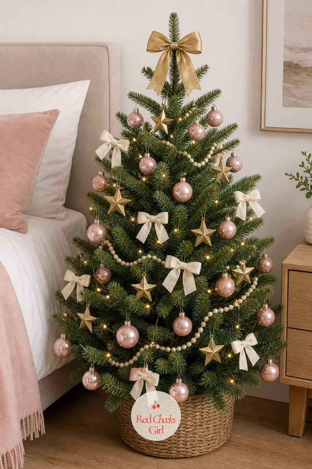 Blush, Brass and Ivory Beside the Bed — A small potted tree beside the bed does not need to compete with a living room showpiece, it just needs to feel soft at