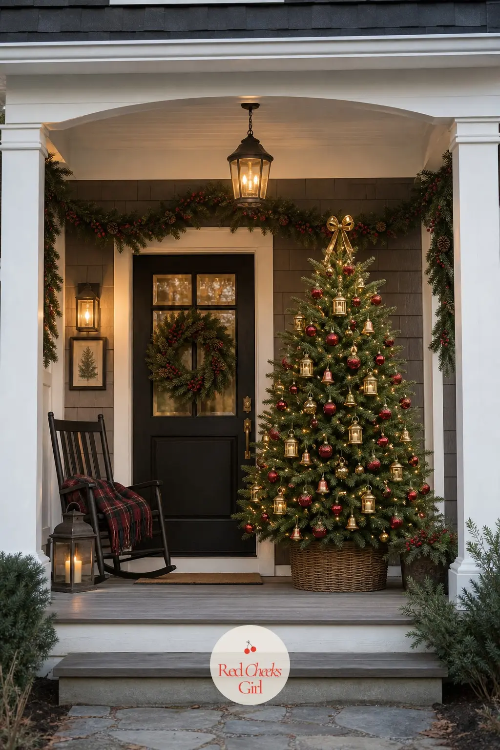 Brick Red, Brass and Holly Green on the Porch — A covered porch tree needs to survive wind and cold without losing its shape, so this potted spruce stays
