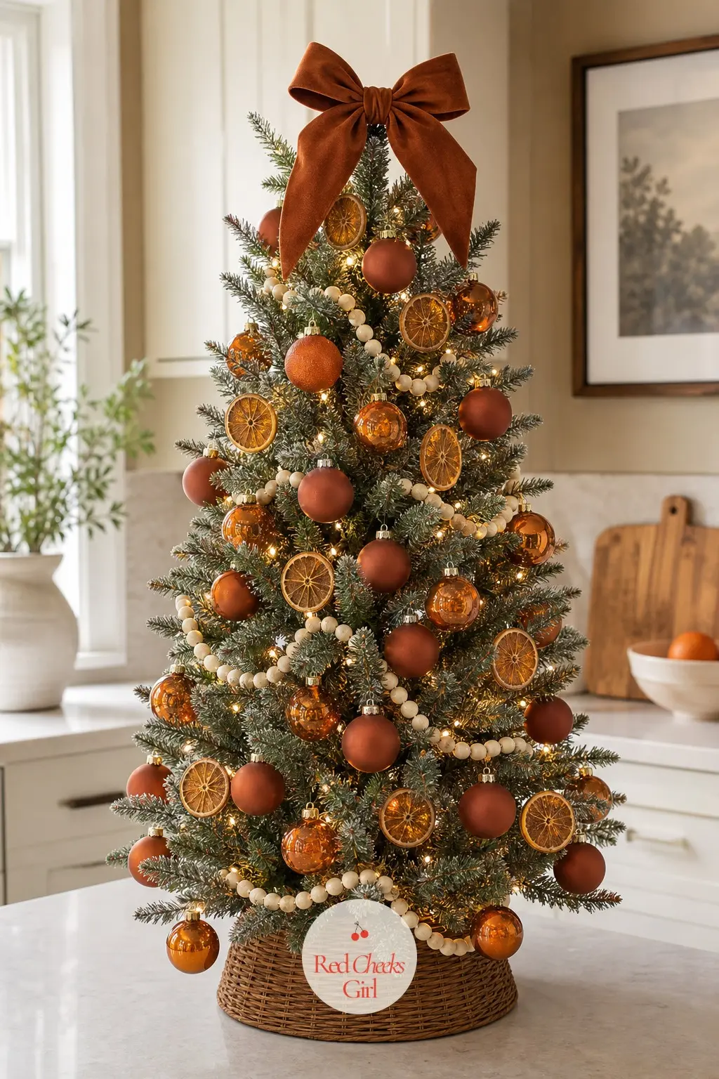 Burnt Orange, Rust and Cream on the Kitchen Counter — This small tabletop tree sits on an everyday kitchen counter, not tucked away for show, which is exactly