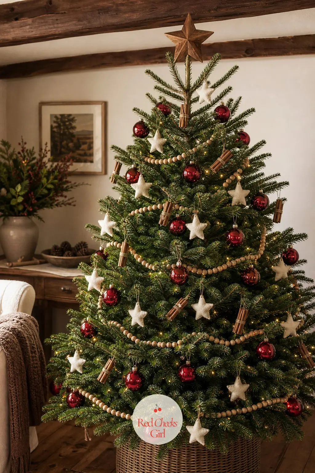 Cherry Red and Chocolate Brown Under Low Beams — Low beams mean a shorter tree by necessity, and this cottage sitting room turns that into an advantage: a