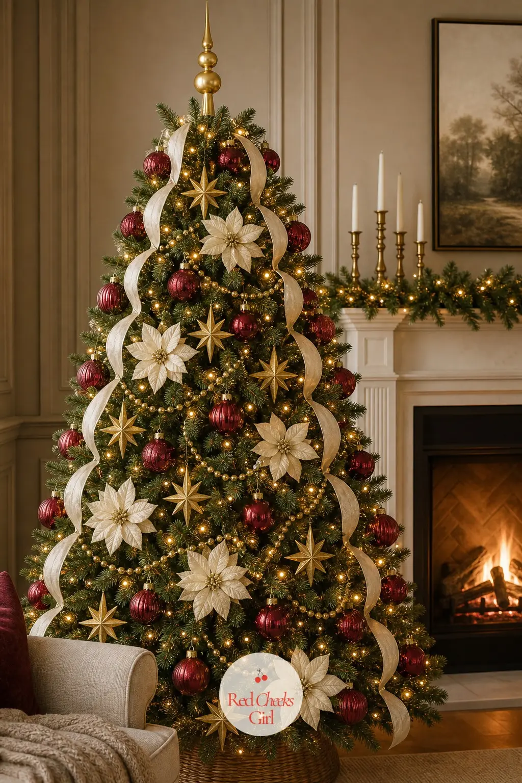 Cranberry, Antique Gold and Cream by the Fireplace — This is the tree most people picture when they hear traditional, just tightened up. Christmas tree color