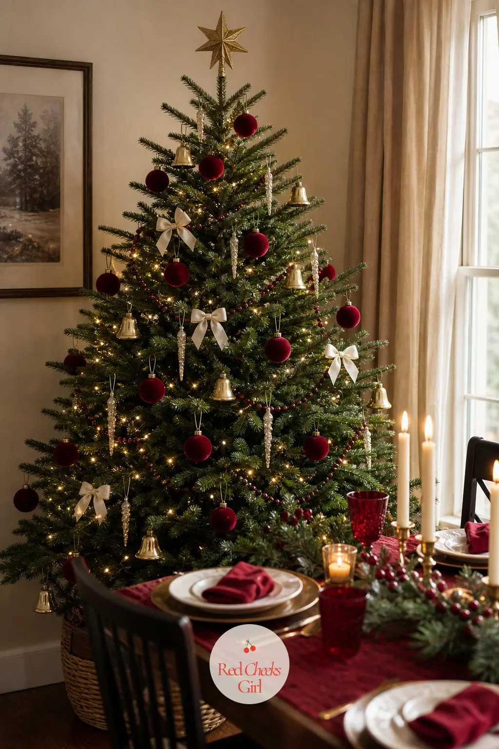 Deep Red, Brass and Ivory at the Dining Table — Set beside a dining table already laid for the night, this tree trades gold for brass, which reads warmer and
