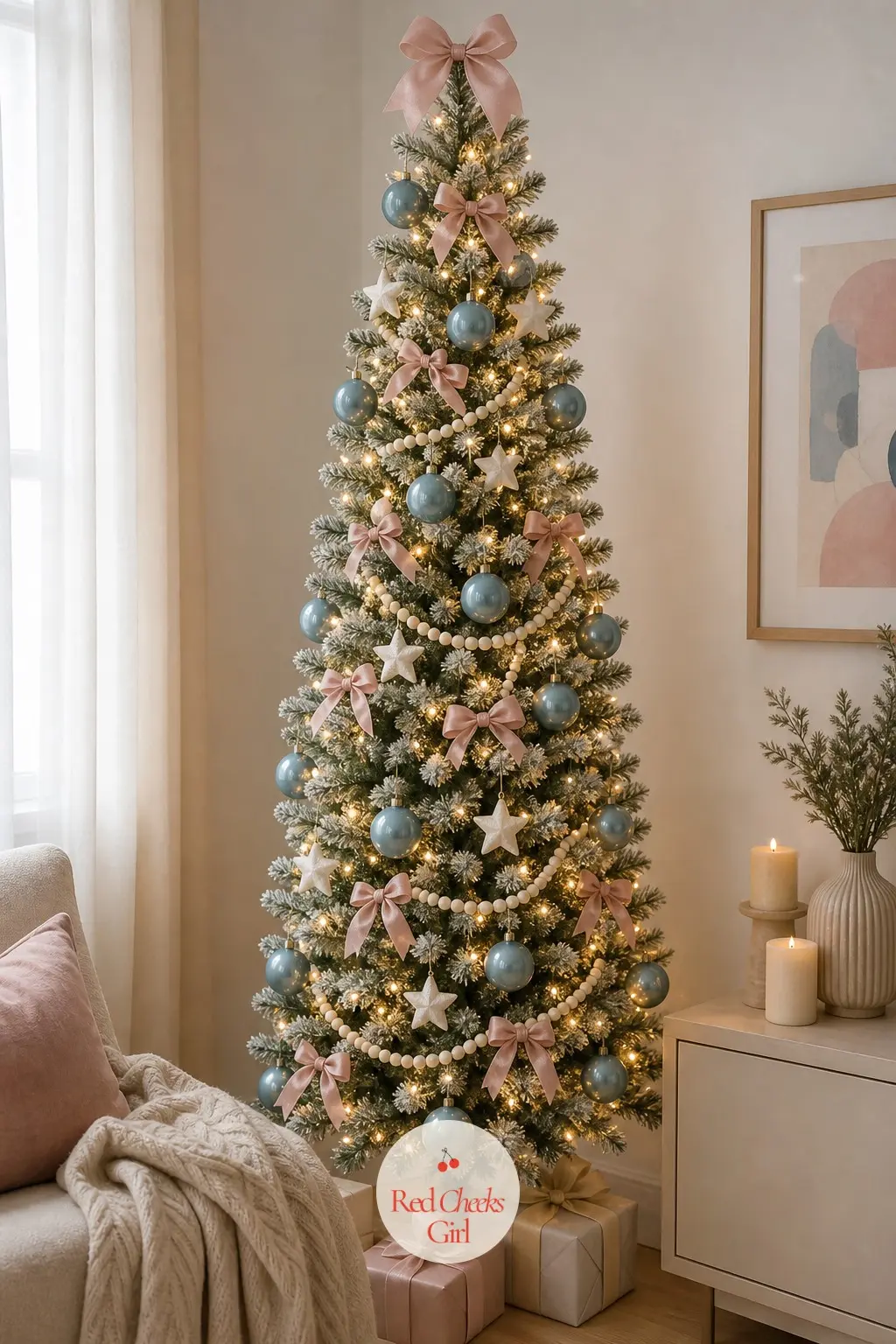 Dusty Blue, Blush and Cream in One Small Room — When the tree has to live in the corner of the only room you have, it needs to earn its square footage with a