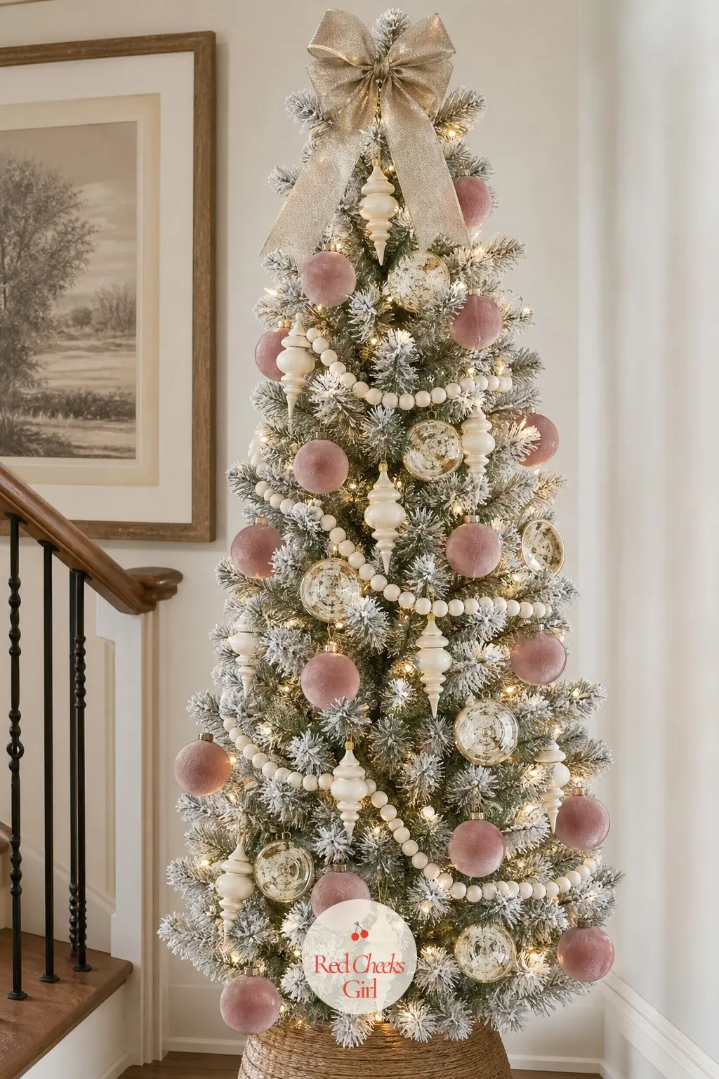 Dusty Rose, Cream and Champagne on the Landing — A landing at the top of the stairs is seen in passing from below as much as up close, so this slim pencil tree