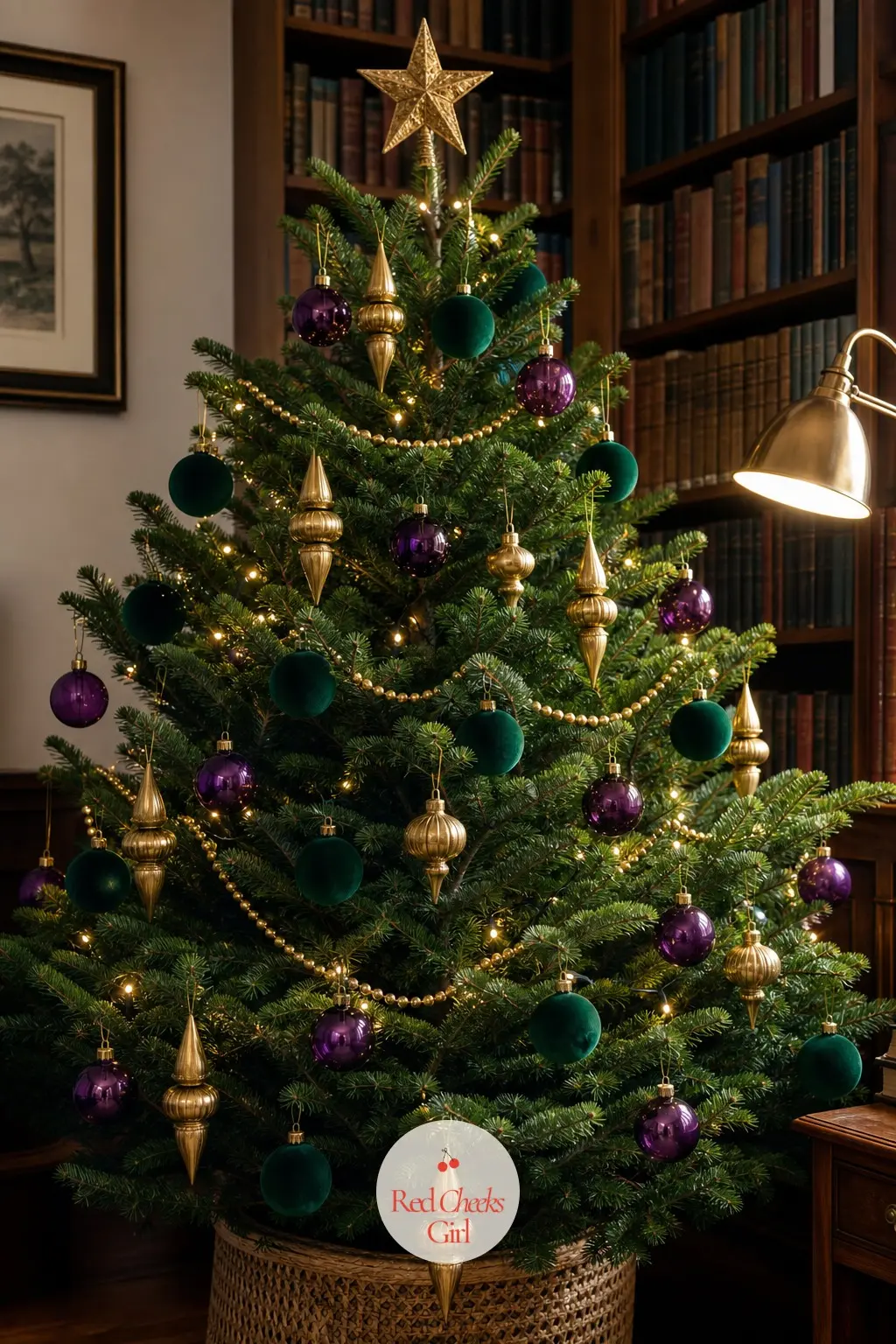 Emerald, Amethyst and Brass Among the Books — A study lined floor to ceiling in books already has enough texture, so this tree keeps its shapes simple: velvet