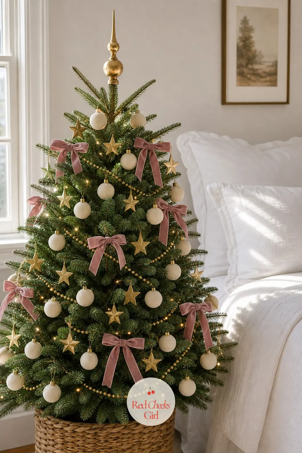 Ivory, Gold and Dusty Pink by the White Bed — A white bedroom with crisp bedding and a bare window gets morning light nothing else in this list receives, so
