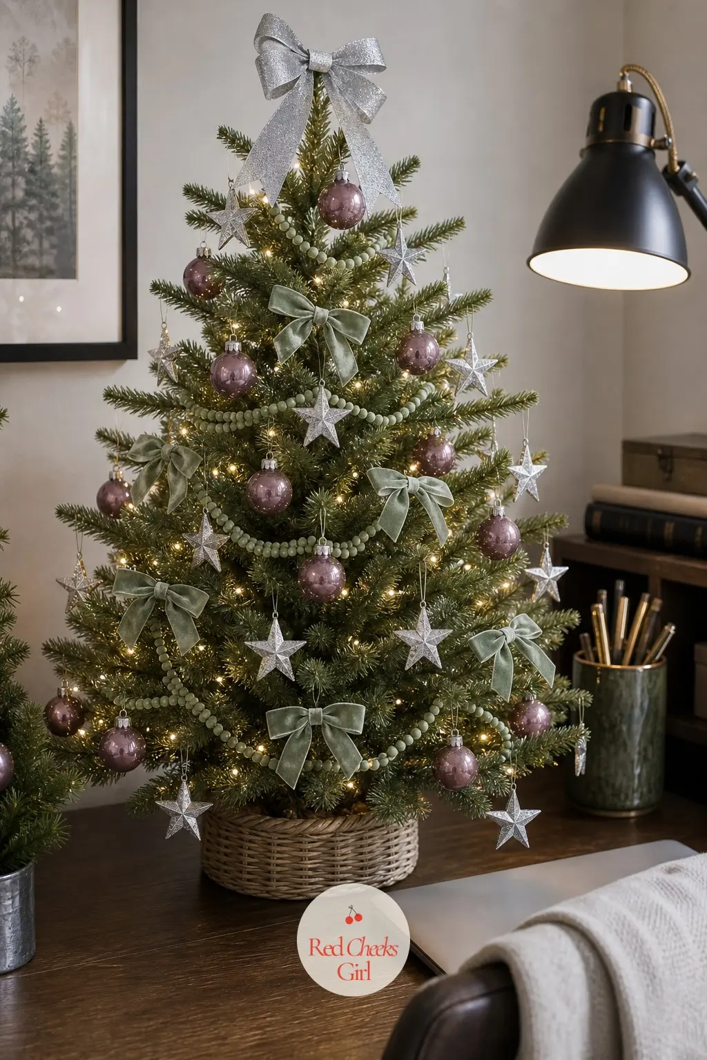 Mauve, Sage and Silver Behind the Desk — A home office tree has to earn its desk space, so this small real tree stays low-maintenance and unfussy: mauve glass