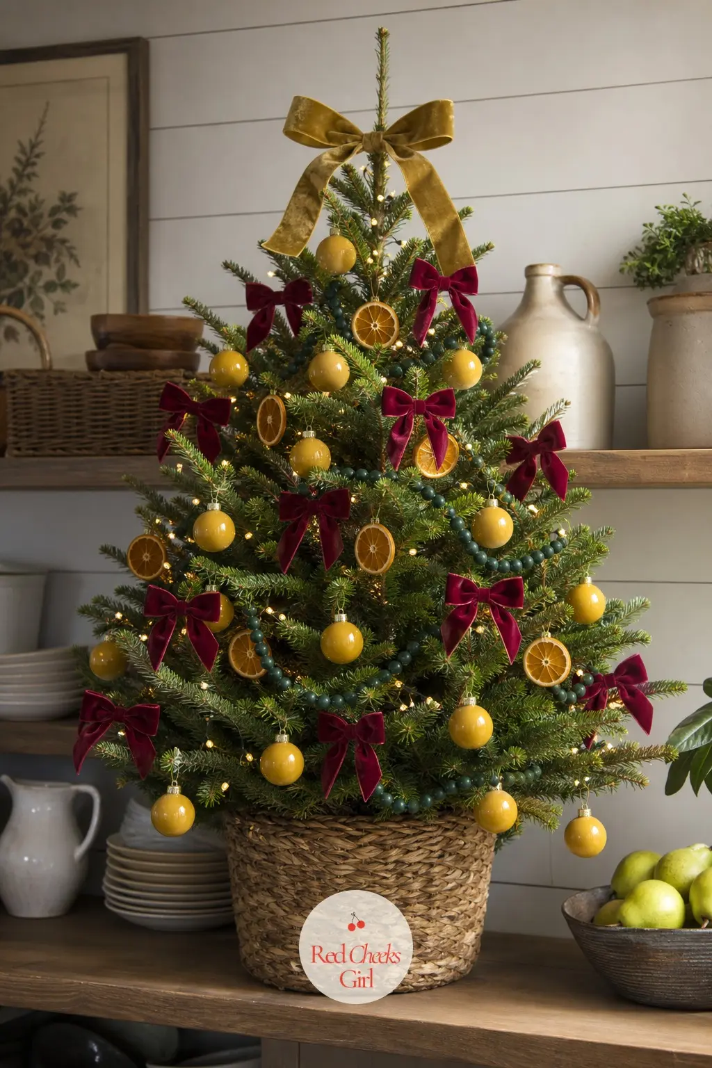 Mustard, Burgundy and Forest Green on the Farmhouse Shelf — A farmhouse kitchen with open shelves does not need a floor tree competing with the cookware on