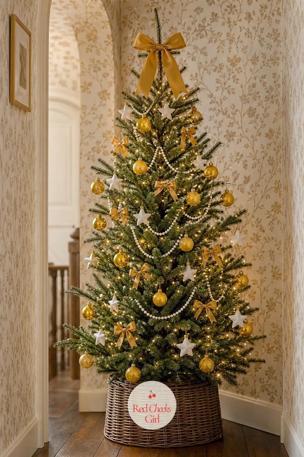 Mustard Yellow and White Down the Wallpapered Hallway — Yellow is the color most people skip on a Christmas tree, but kept to a honeyed mustard rather than