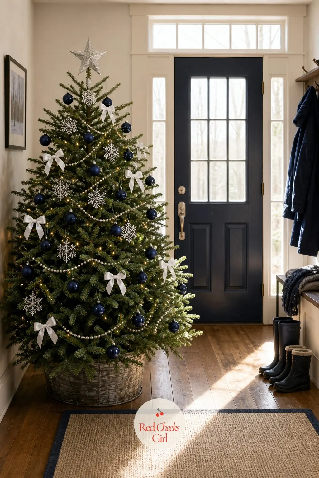Navy, Silver and White by the Front Door — An entryway tree gets seen for three seconds at a time, coming and going with coats and boots, so this one leans
