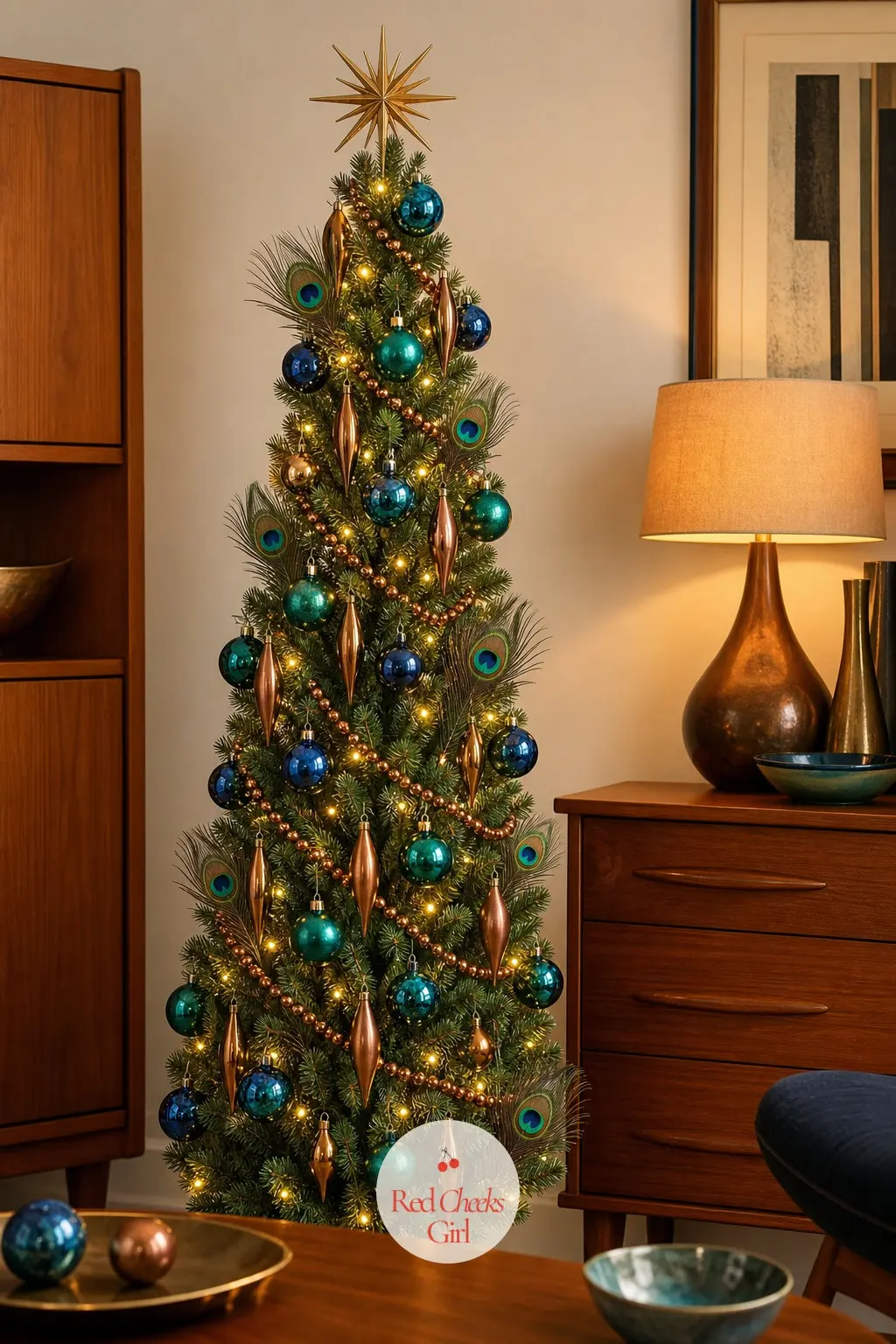 Peacock and Bronze Among Teak Furniture — A mid-century room built around teak furniture wants warm metal, not cool, so this tree pairs a peacock mix of teal