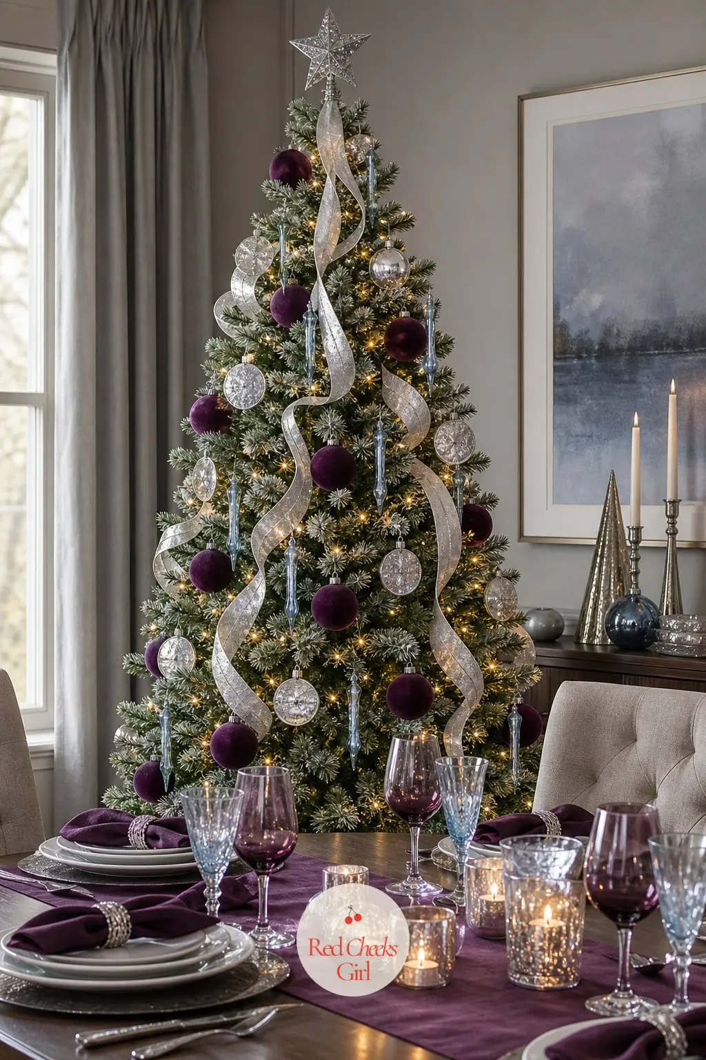 Plum, Silver and Ice Blue at a Second Dining Table — A second dining room tree closes the list with the most unexpected pairing in the whole collection: deep