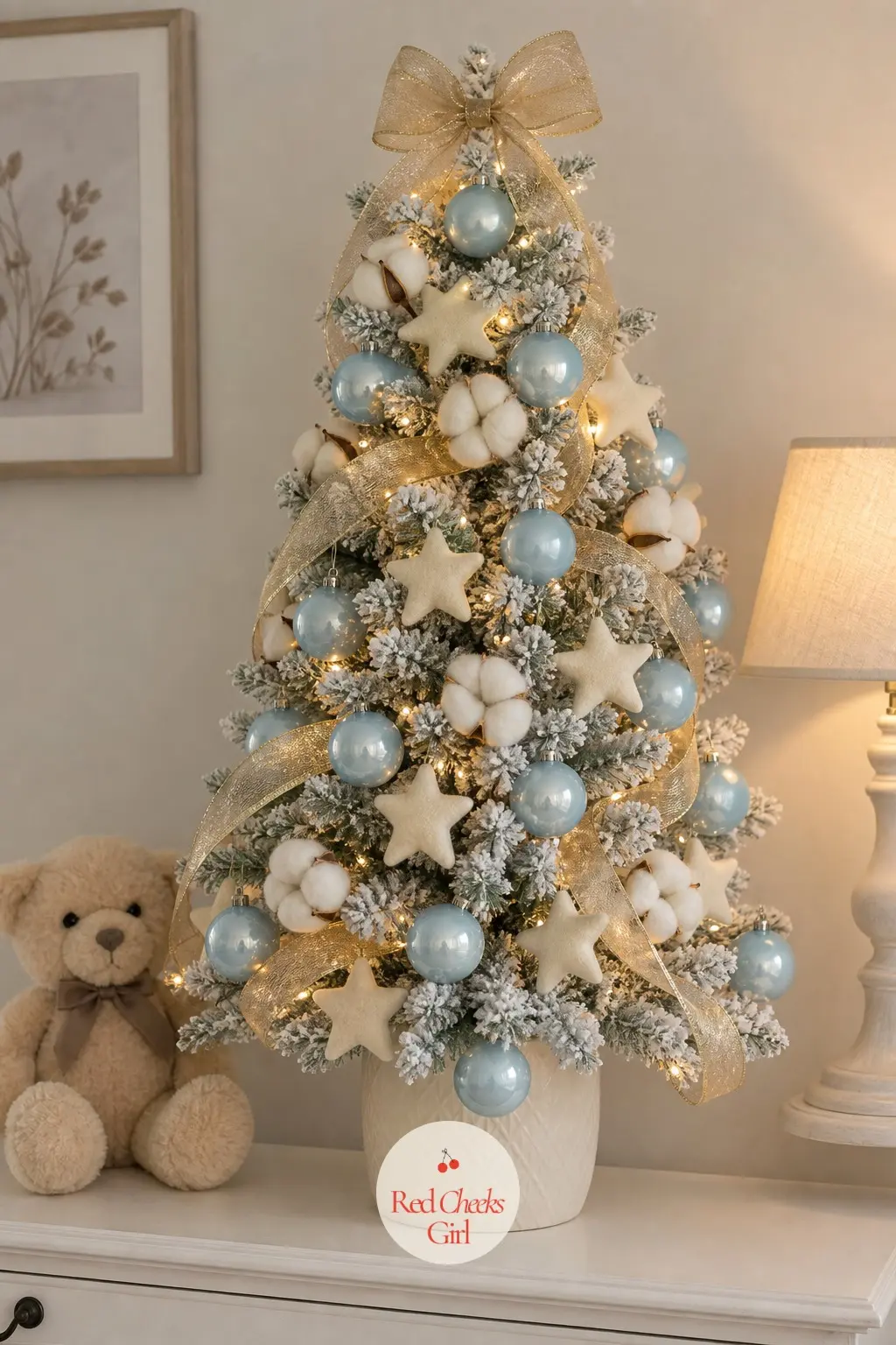Powder Blue, Ivory and Champagne in the Nursery — Nothing sharp, nothing breakable low down, this tiny tabletop tree sits well out of reach in a child's room