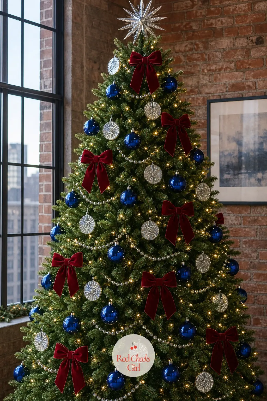 Sapphire, Silver and Ruby in a Brick Loft — Tall windows and exposed brick can swallow a timid tree, so this one goes big: a full 7.5 foot artificial fir in