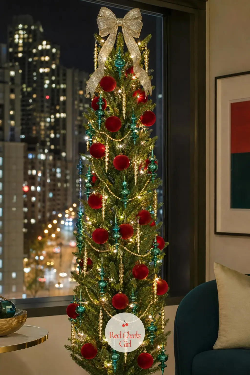 Scarlet, Teal and Champagne for a City View — Swap true red for scarlet and true green for teal, and the whole classic formula turns modern without losing the
