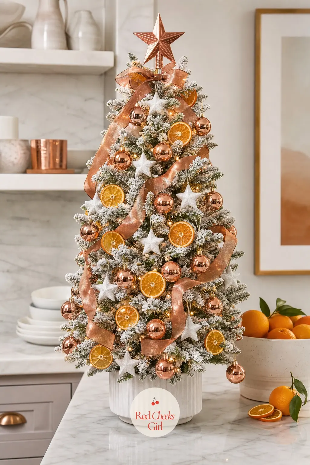 White, Copper and Citrus on the Marble Counter — Next to a bowl of citrus on a white marble counter, this tiny tabletop tree borrows its third color straight