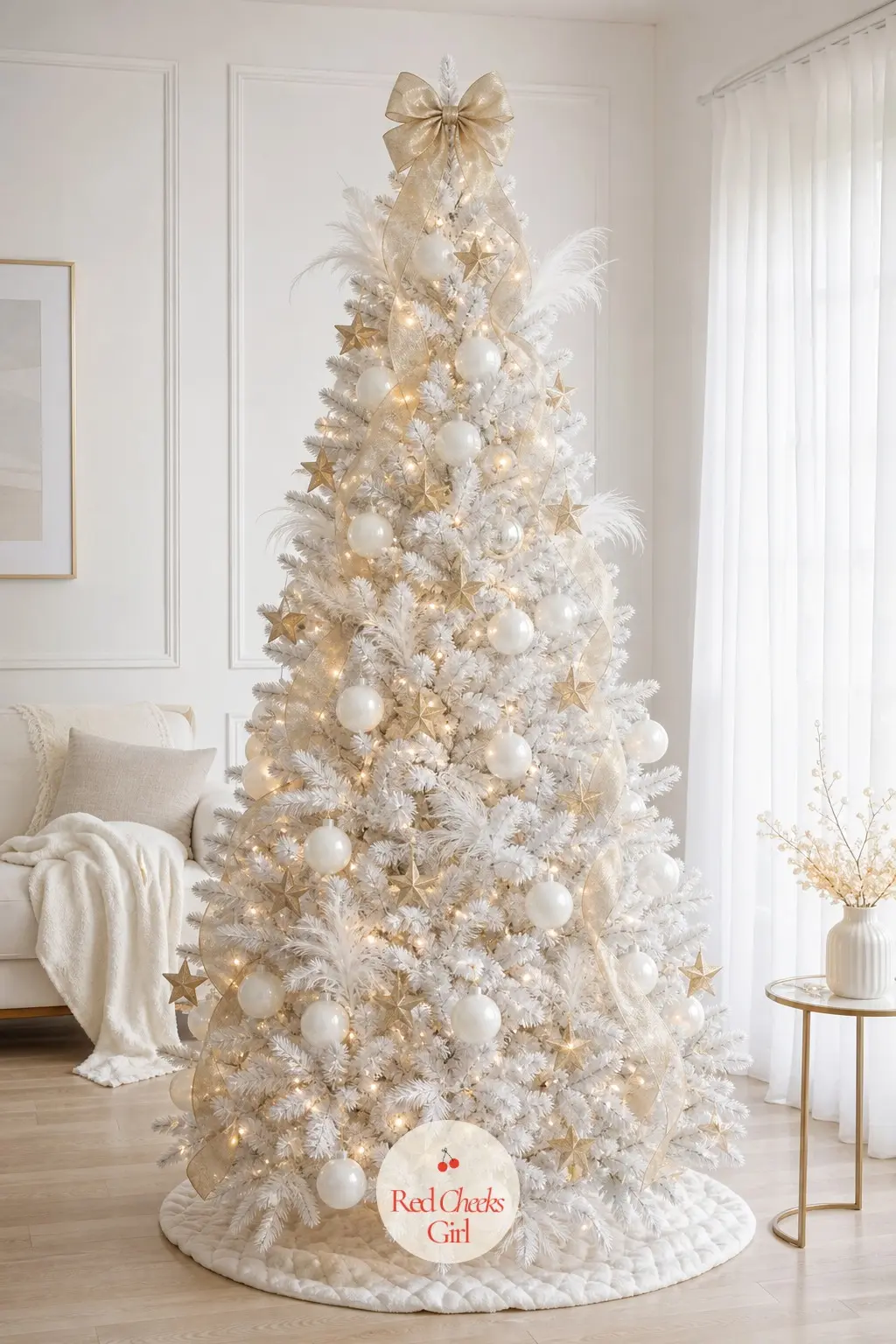 A White Tree in White and Champagne Gold — In a bright white living room with pale oak floors and a low pale sofa, the boldest move is a tree that is itself