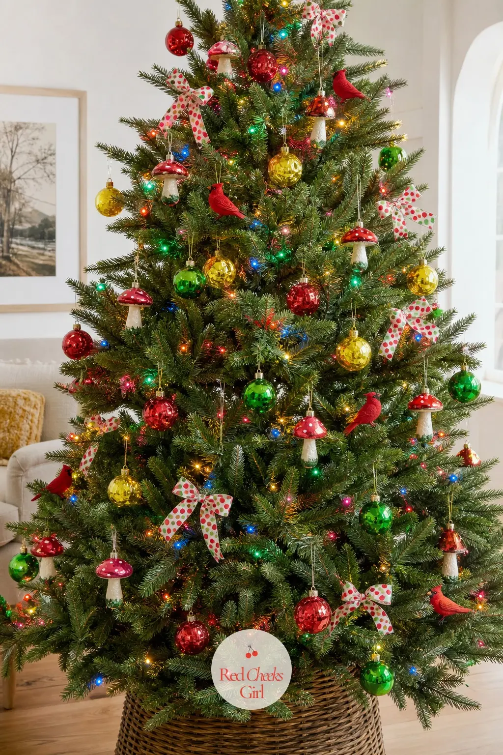 The Carnival Fir in Candy Brights — This full fir runs floor to ceiling and leans hard into primary color, the kind of red, yellow and green a child would pick