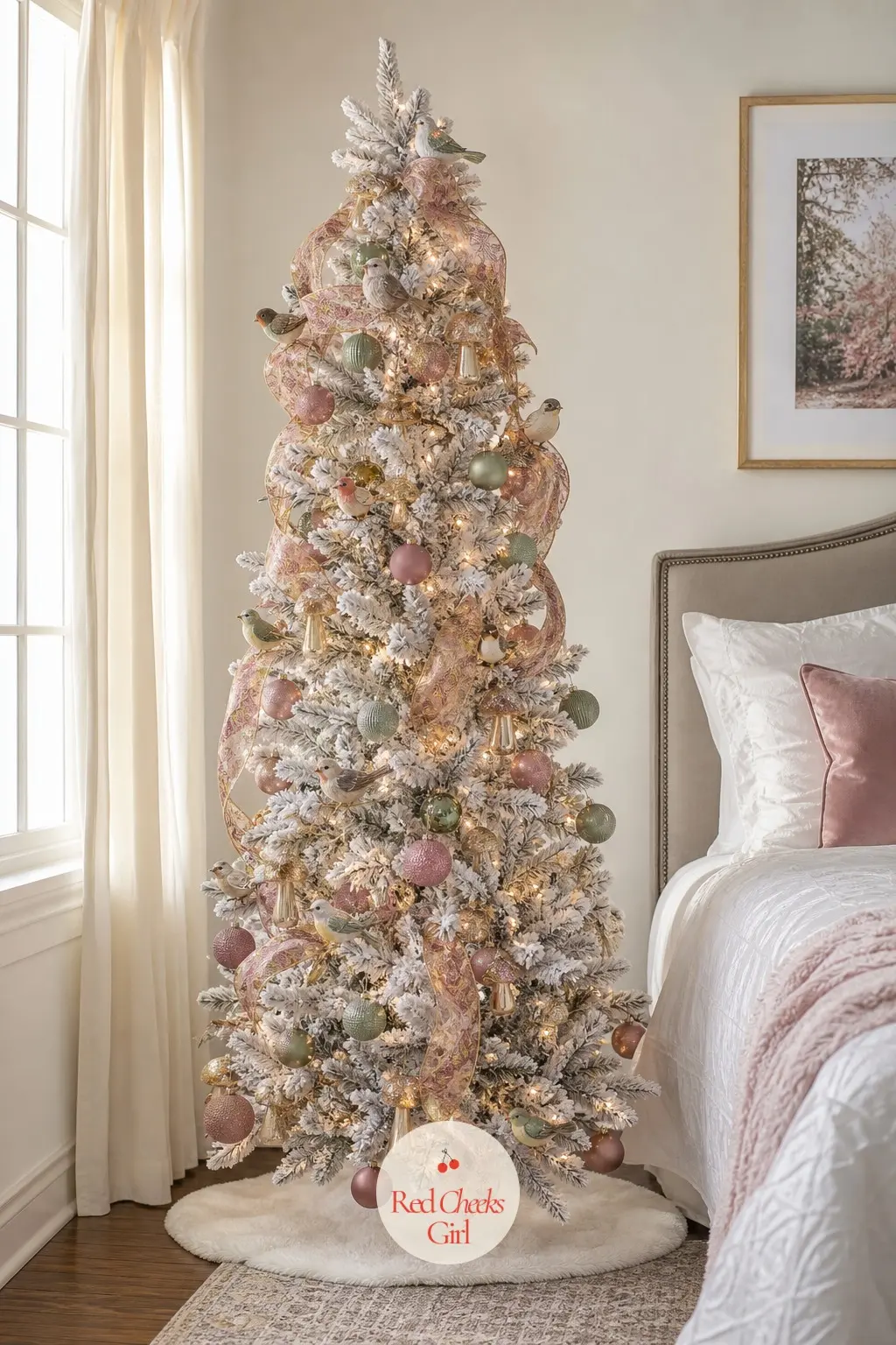 The Flocked Tree with a Flock of Birds — This flocked white artificial tree is full and wide, built as a pale backdrop for dusty rose and sage balls, gold