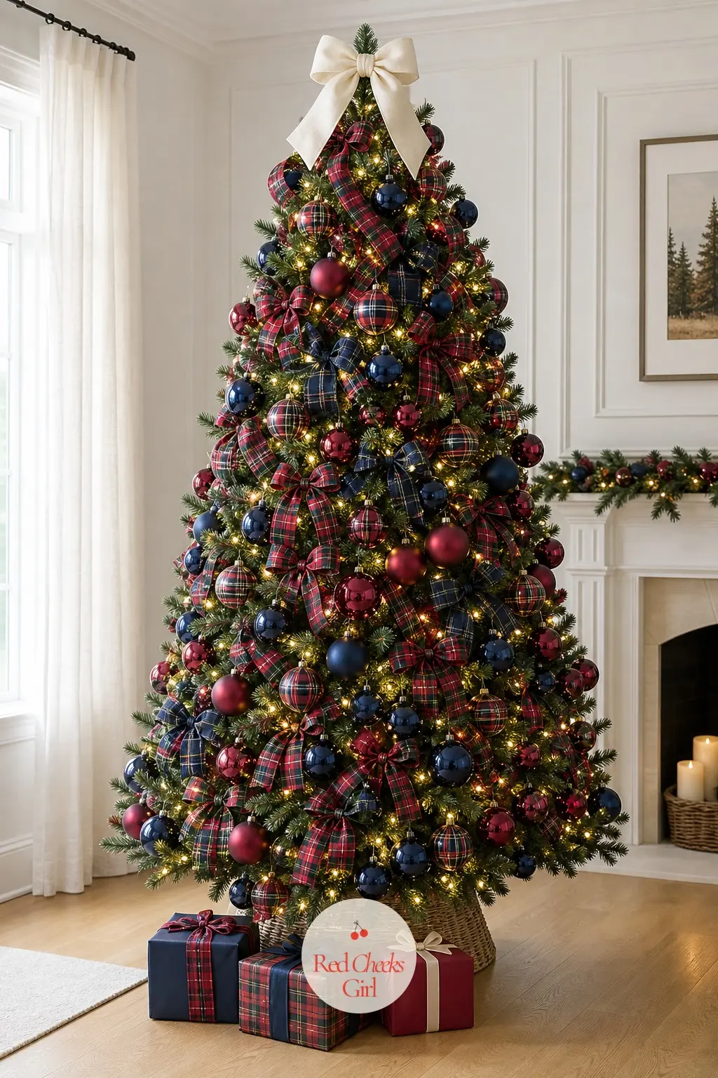 The Harlequin Tree in Patchwork Plaid — This full, wide artificial tree wears raspberry and navy balls alongside plaid fabric ball ornaments and a tartan