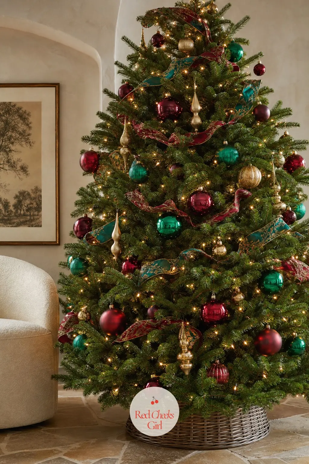 The Jewel-Tone Fir Dressed for a Party — A full, wide real fir dressed like it is going to a party: emerald and ruby glass balls, brass finials catching the