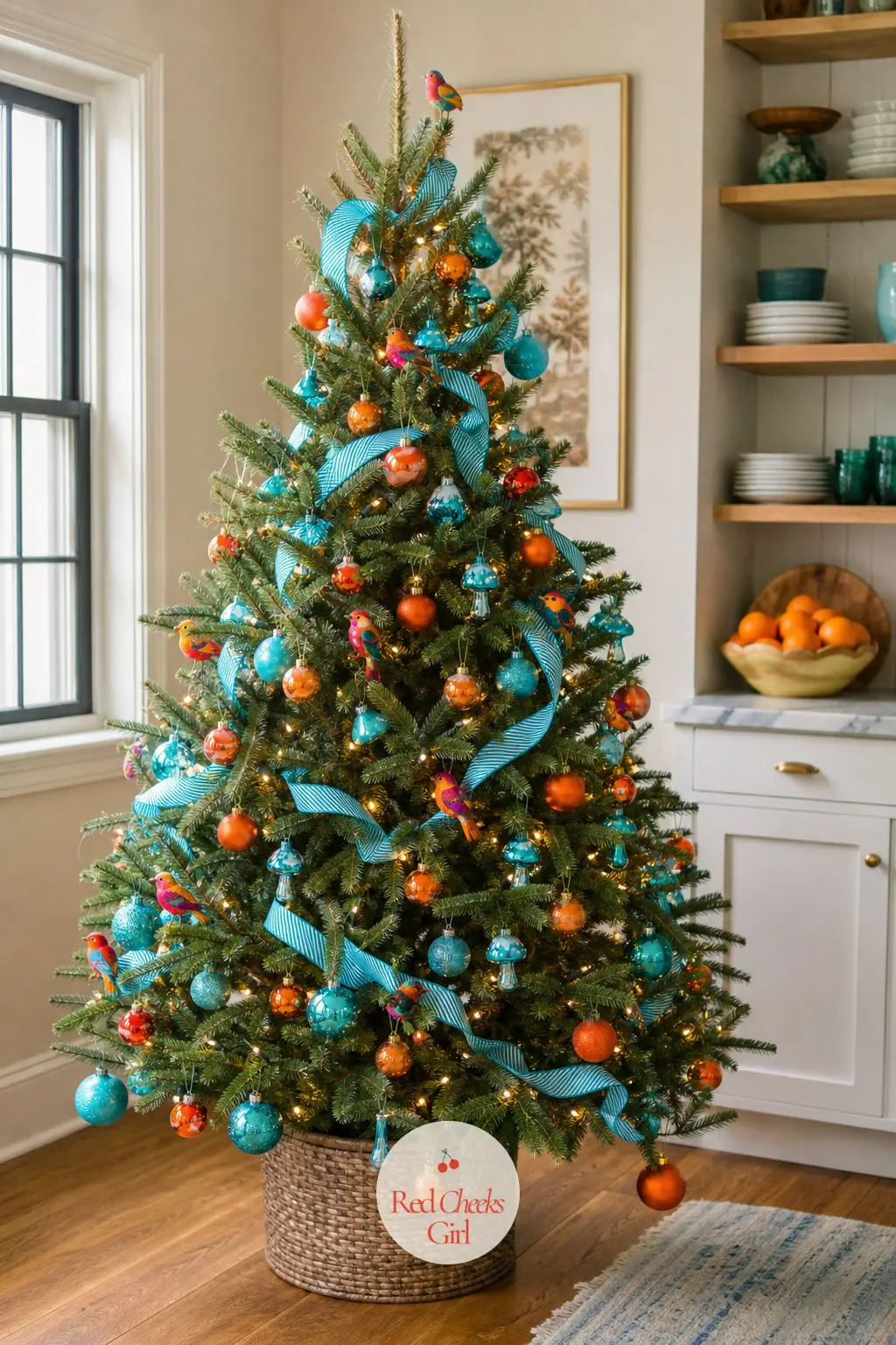 The Living Tree in Tangerine and Turquoise — A real tree still growing in its pot gets the boldest palette on the list: tangerine and turquoise balls
