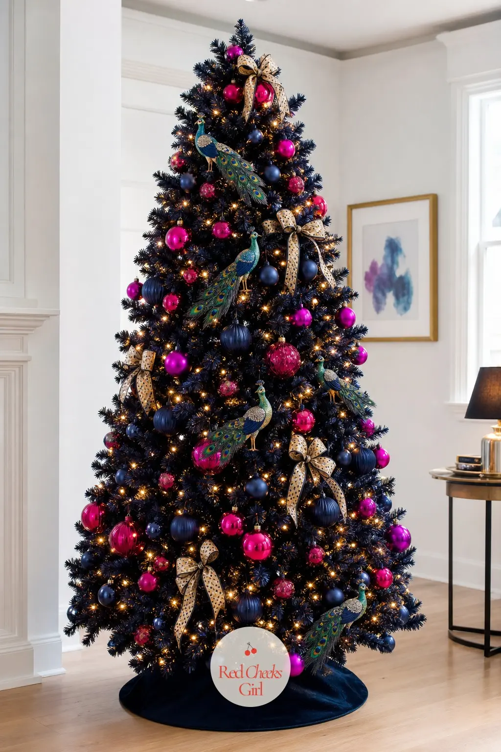 The Midnight Tree Lit Up Like a Carnival — This pre-lit artificial tree runs floor to ceiling in deep navy, with hot pink and navy balls, a few clip-on