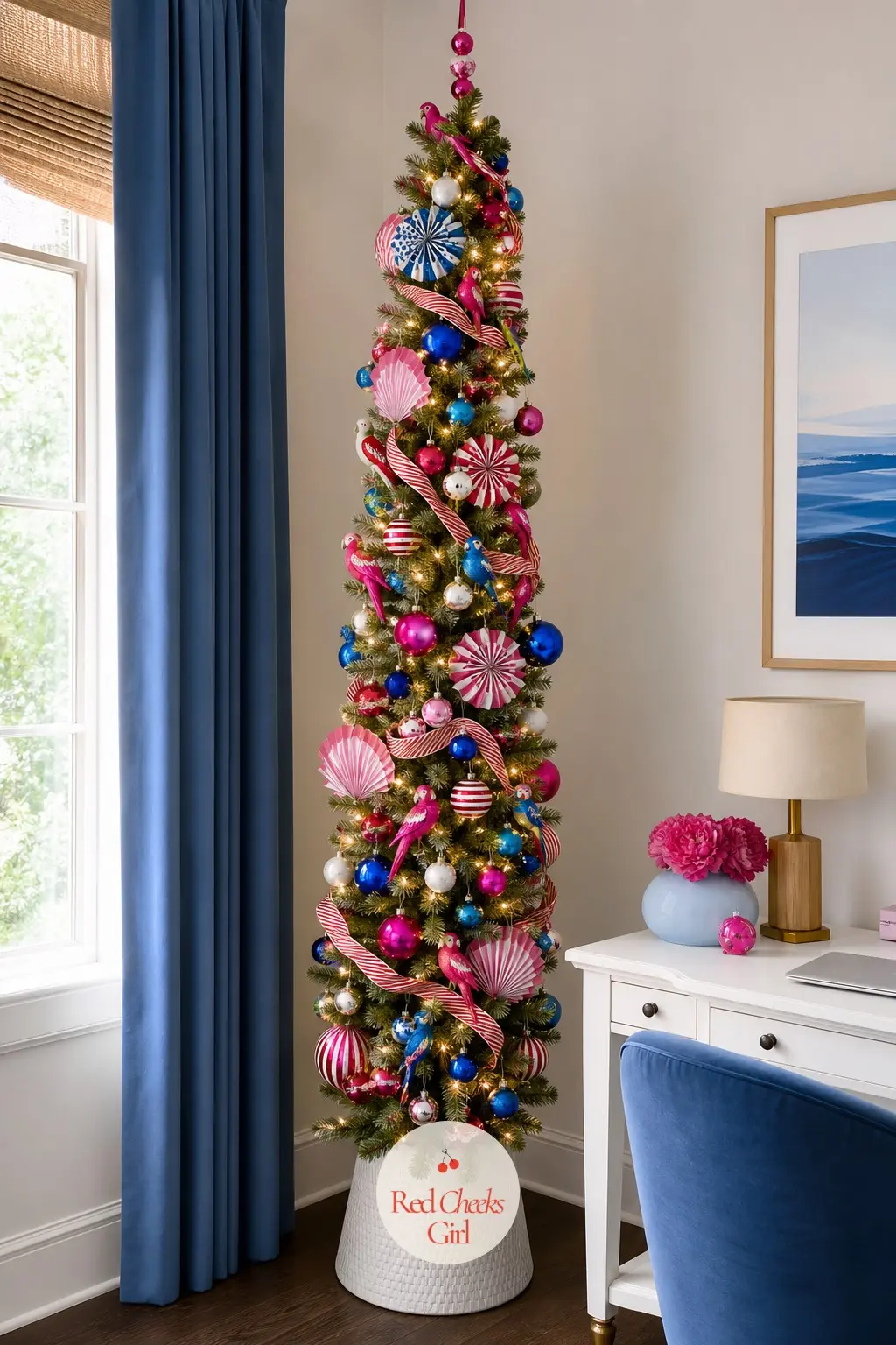 The Pencil Tree in Circus Stripes — Where the fir above goes wide, this pencil tree goes narrow and loud: cobalt, hot pink and white balls, striped paper fans