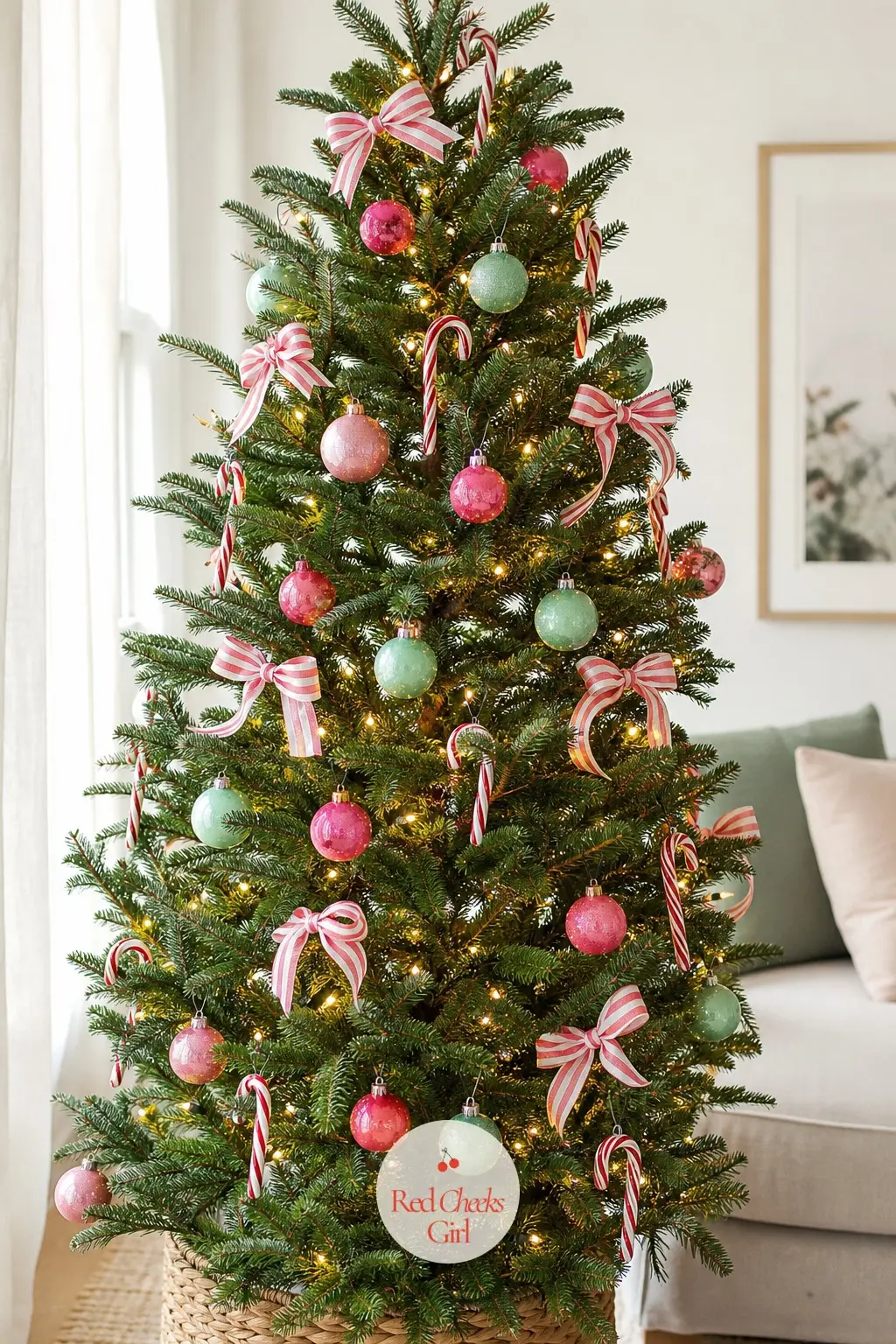 The Peppermint Confetti Fir — A real, slim fir takes the candy-shop idea literally: watermelon pink and spearmint balls, actual candy cane ornaments, and a