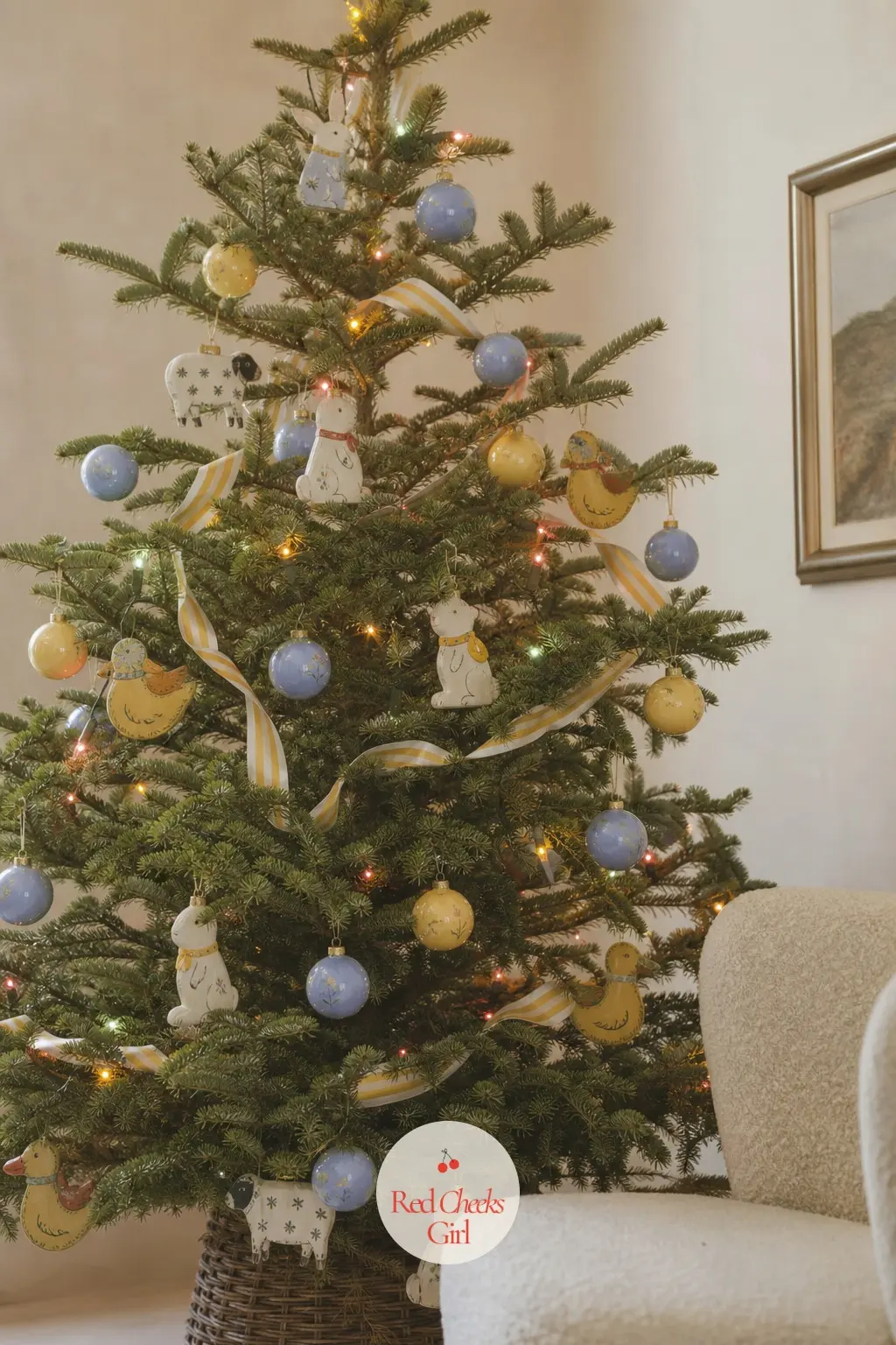 The Sparse Fir Dressed Like a Nursery Rhyme — This fir stays sparse and airy on purpose, branches spaced out like a line drawing, so the butter yellow and