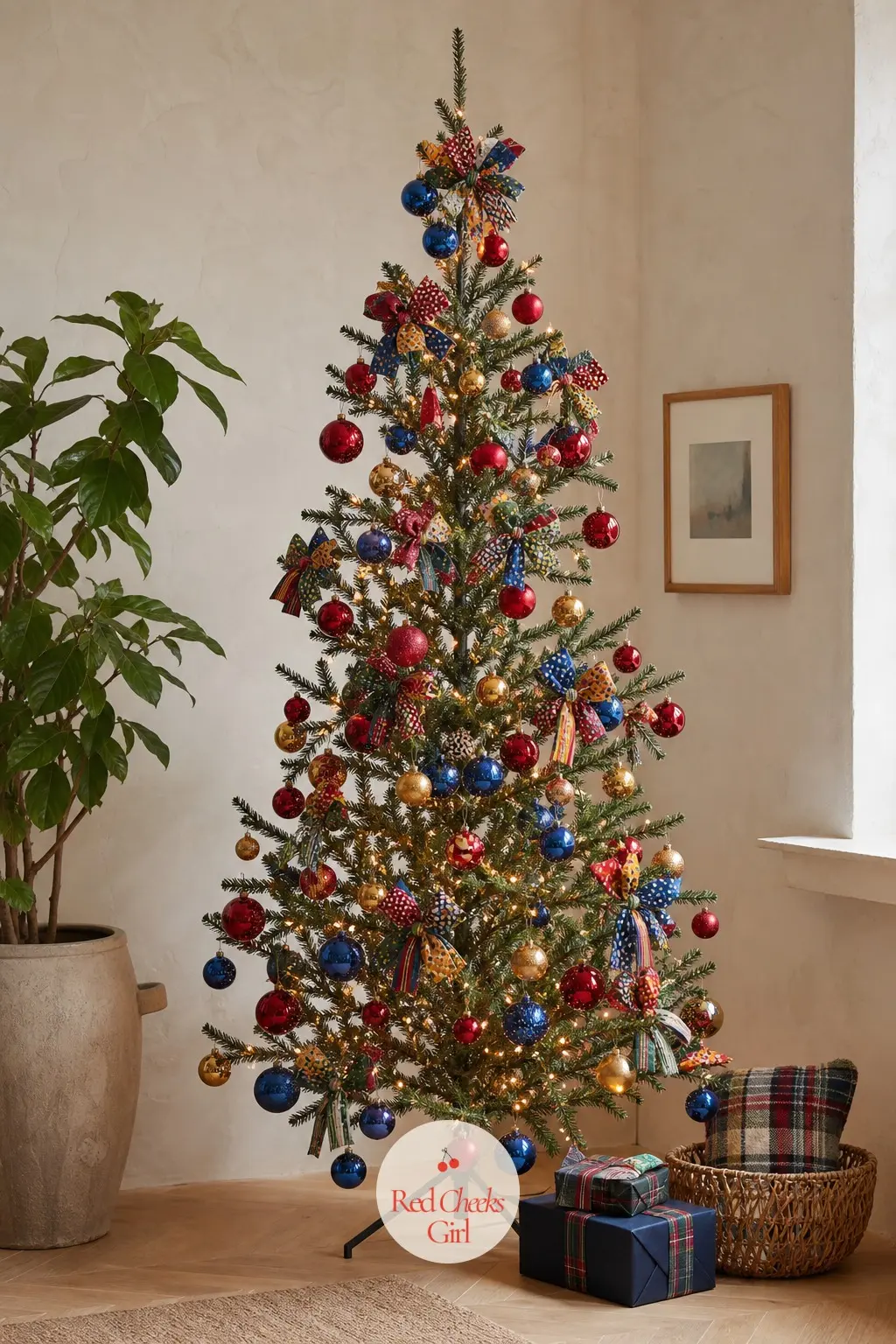 The Sparse Twig Tree in Rainbow Patchwork — A bare, sparse artificial twig tree carries far fewer balls than the others on this list, ruby, cobalt and golden