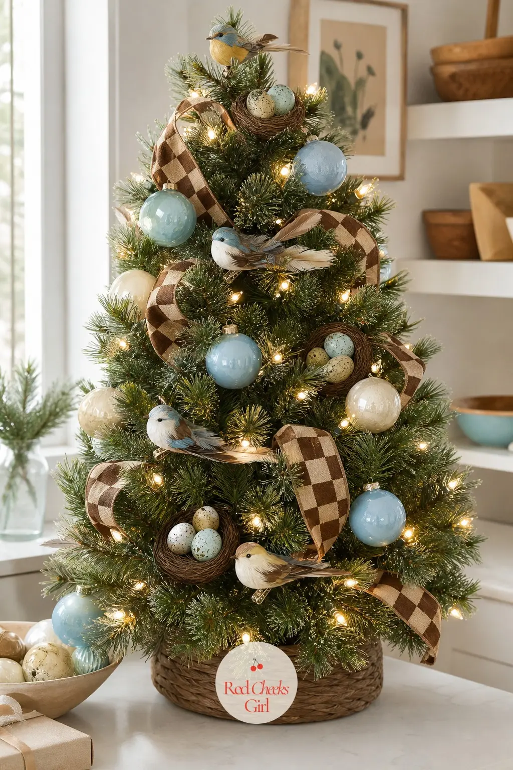 The Tabletop Fir with a Nest of Birds — A small real fir on a tabletop keeps its palette quiet, cream and sky blue, so the clip-on songbirds and little nest