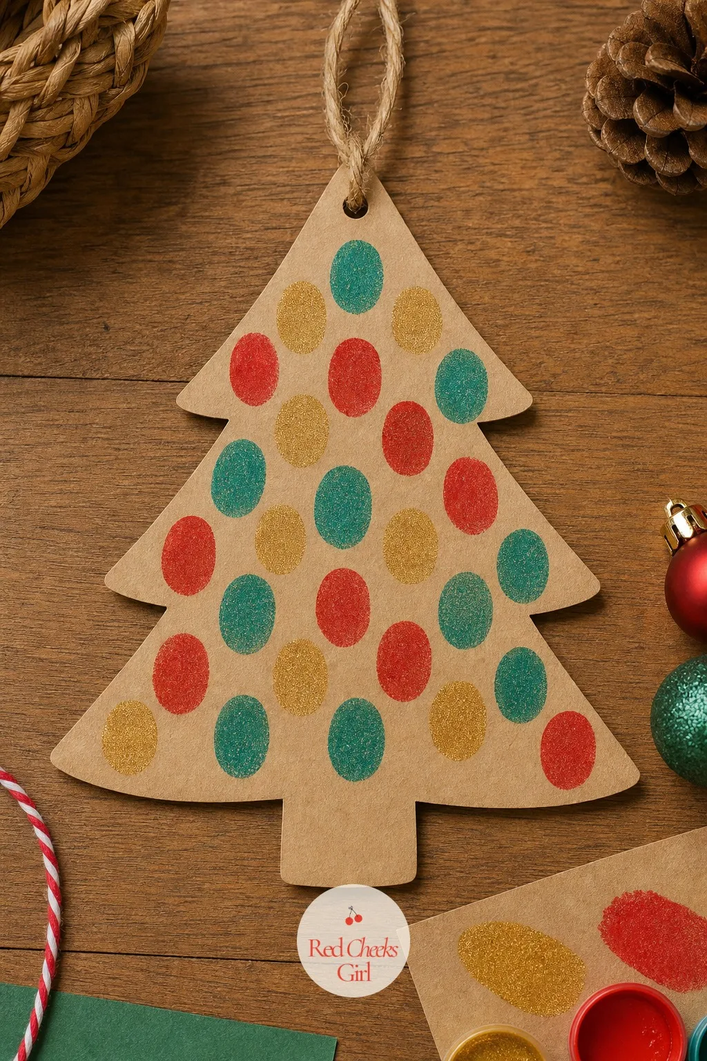 Fingerprint Ornament Tree — No cutting, no folding, just a drawn triangle on kraft paper and a pot of paint for stamping. Christmas tree crafts for kids