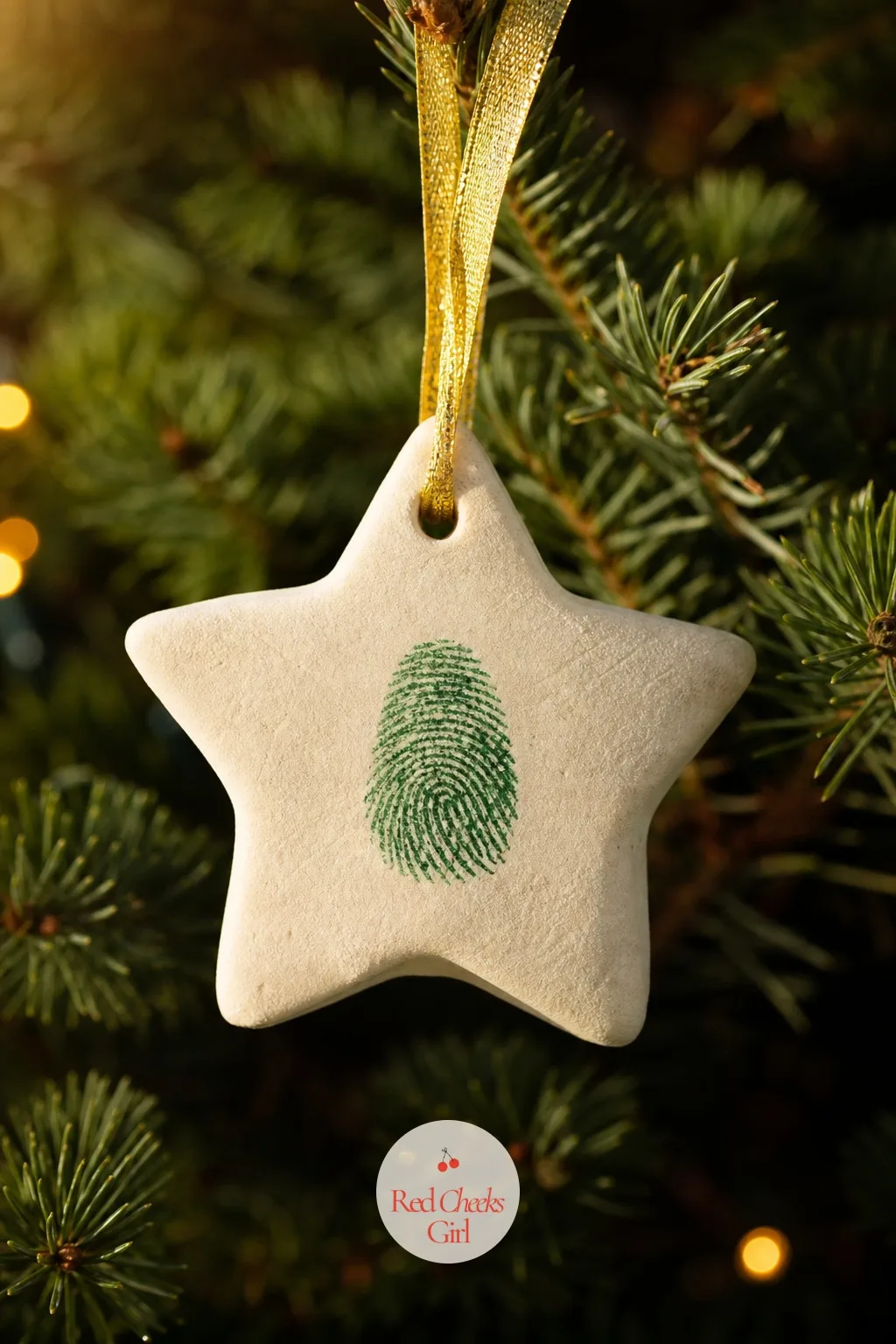 Salt Dough Fingerprint Ornament — Flour, salt and water, rolled flat and cut into a small tree shape with a star cookie cutter if there is one in the drawer