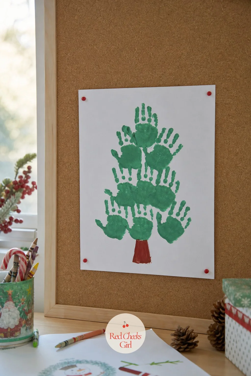 Stacked Handprint Tree — One handprint fades into the usual pile of school papers. Christmas tree crafts for kids