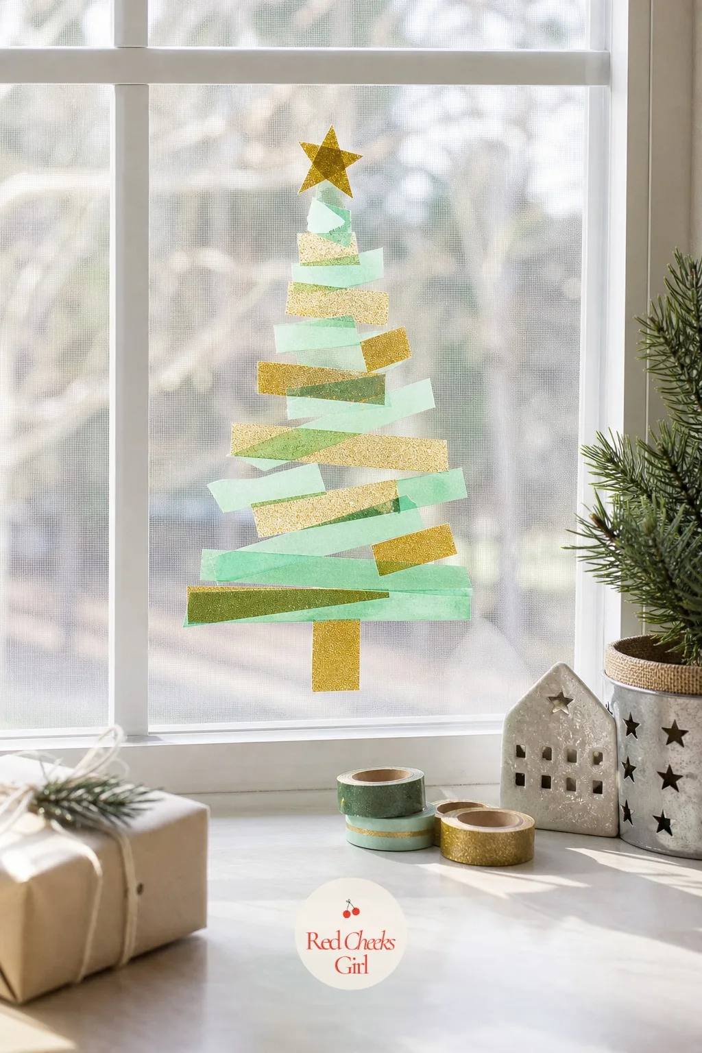 Washi Tape Window Tree — No paint, no glue, no drying time at all. Christmas tree crafts for kids