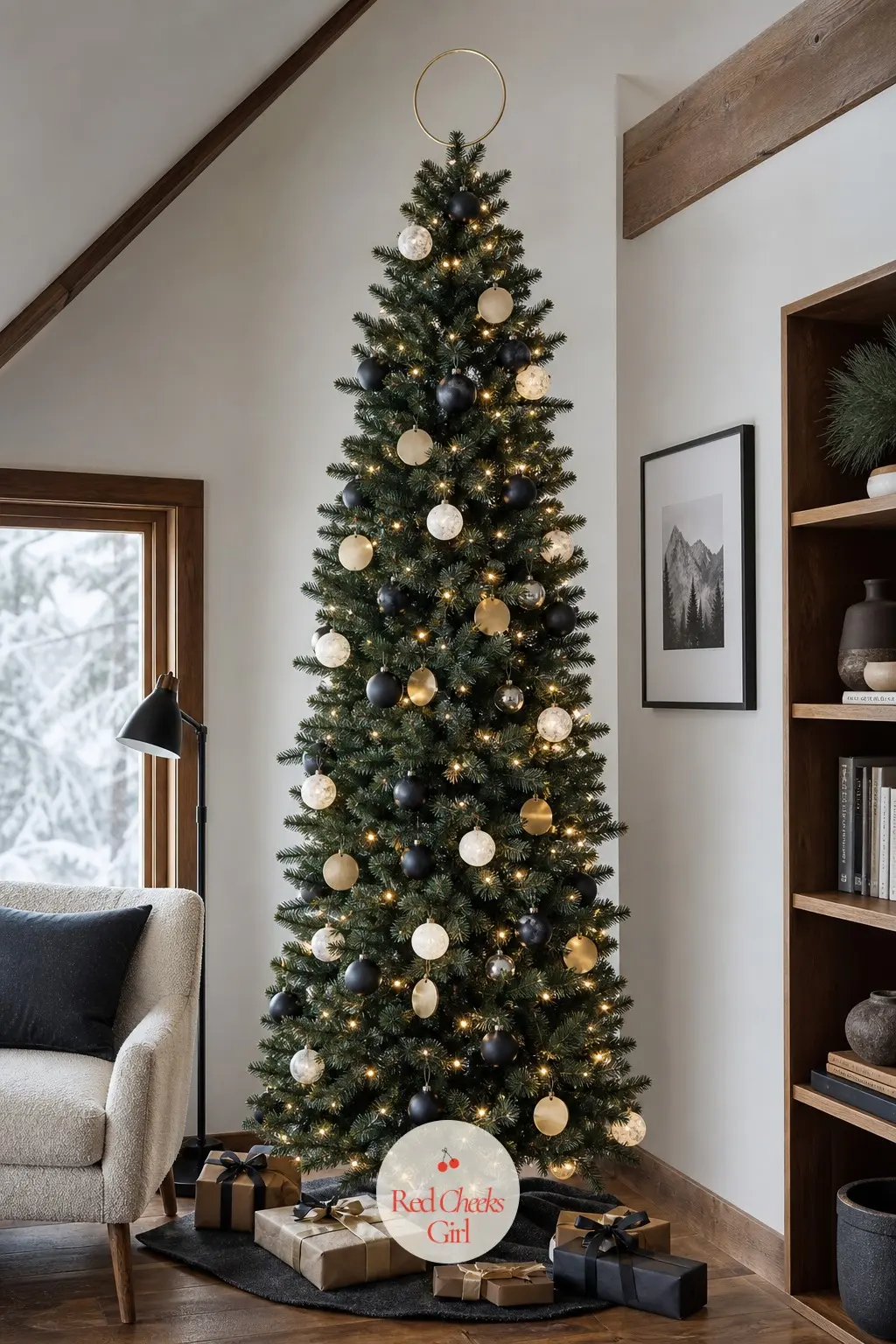 The Brass Ring Architectural Tree — Dark and narrow against the ceiling, this artificial tree skips the usual full silhouette for something closer to a single