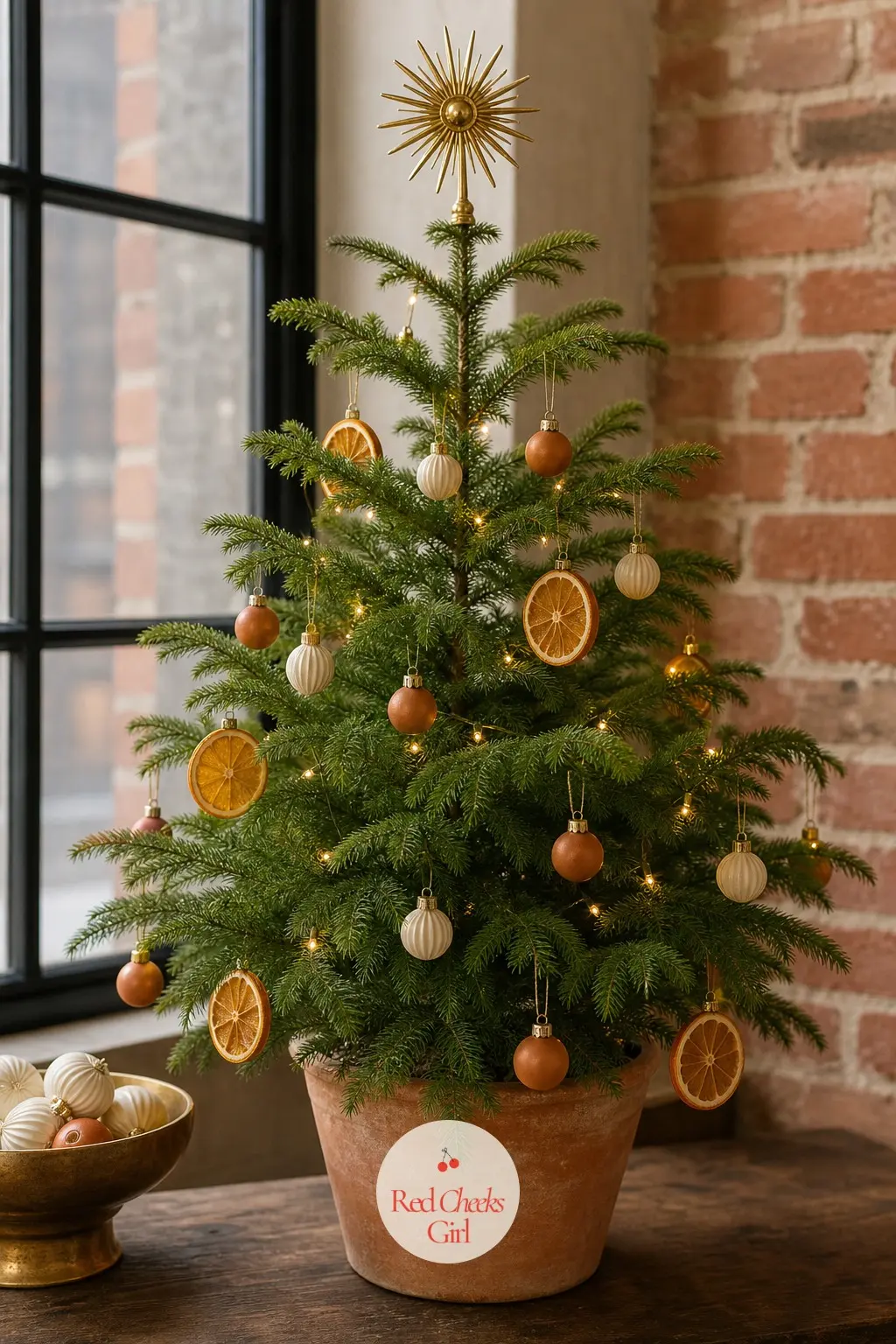 The Brass Starburst Norfolk Pine — Small enough for a side table, this potted Norfolk Island pine is still rooted in soil rather than cut, which means it keeps
