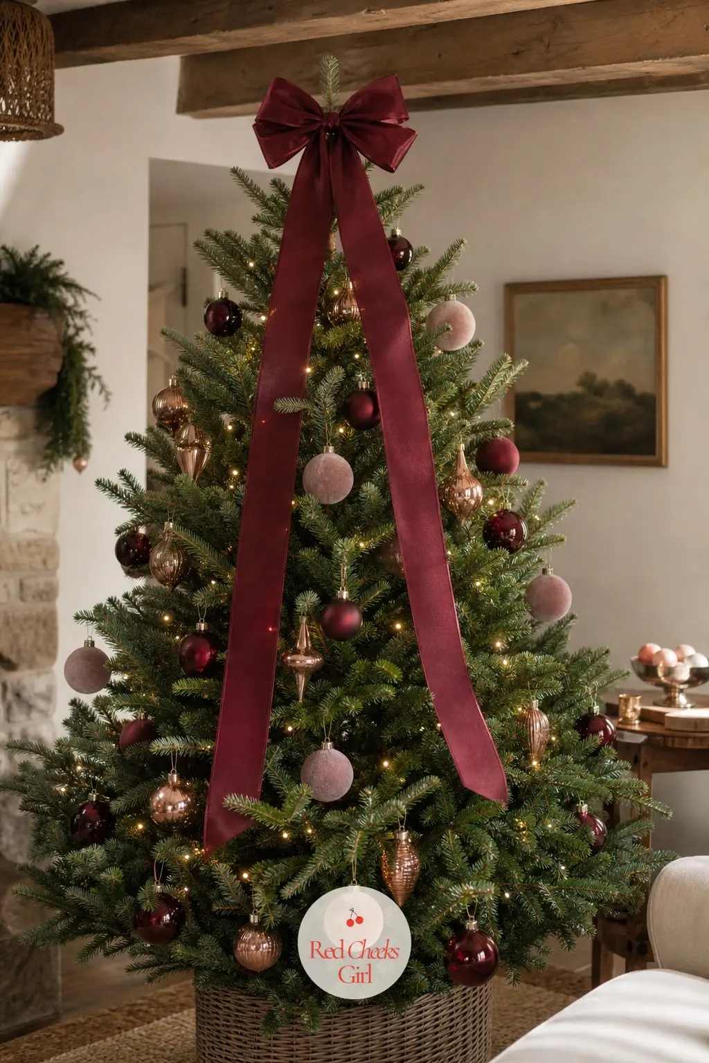The Burgundy Silk Bow Fraser Fir — A real Fraser fir, left full and wide, gives this bow something to sit on properly. Christmas tree topper ideas