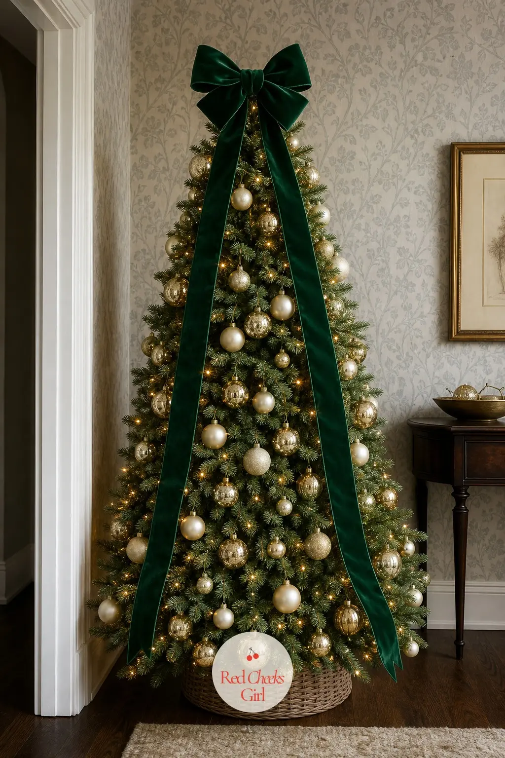 The Emerald Velvet Bow Tree — This one wears its topper like a sash. Christmas tree topper ideas