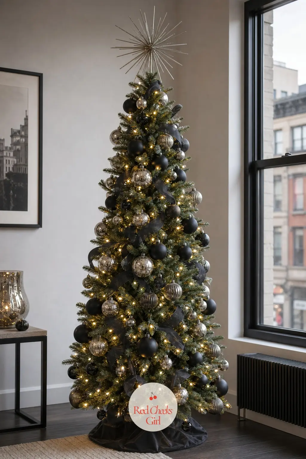 The Pewter Starburst Pencil Tree — A slim pencil silhouette leaves plenty of room for a topper to stand clear against the ceiling instead of fighting for space