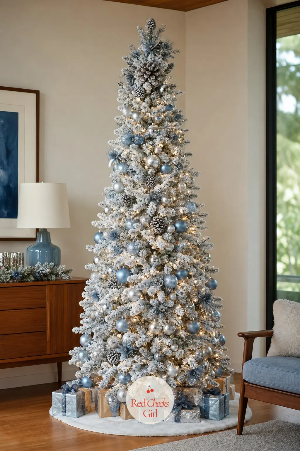 The Silvered Pinecone Flocked Tree — Flocked white branches give this artificial tree a snow-caught look before a single ornament goes on. Christmas tree