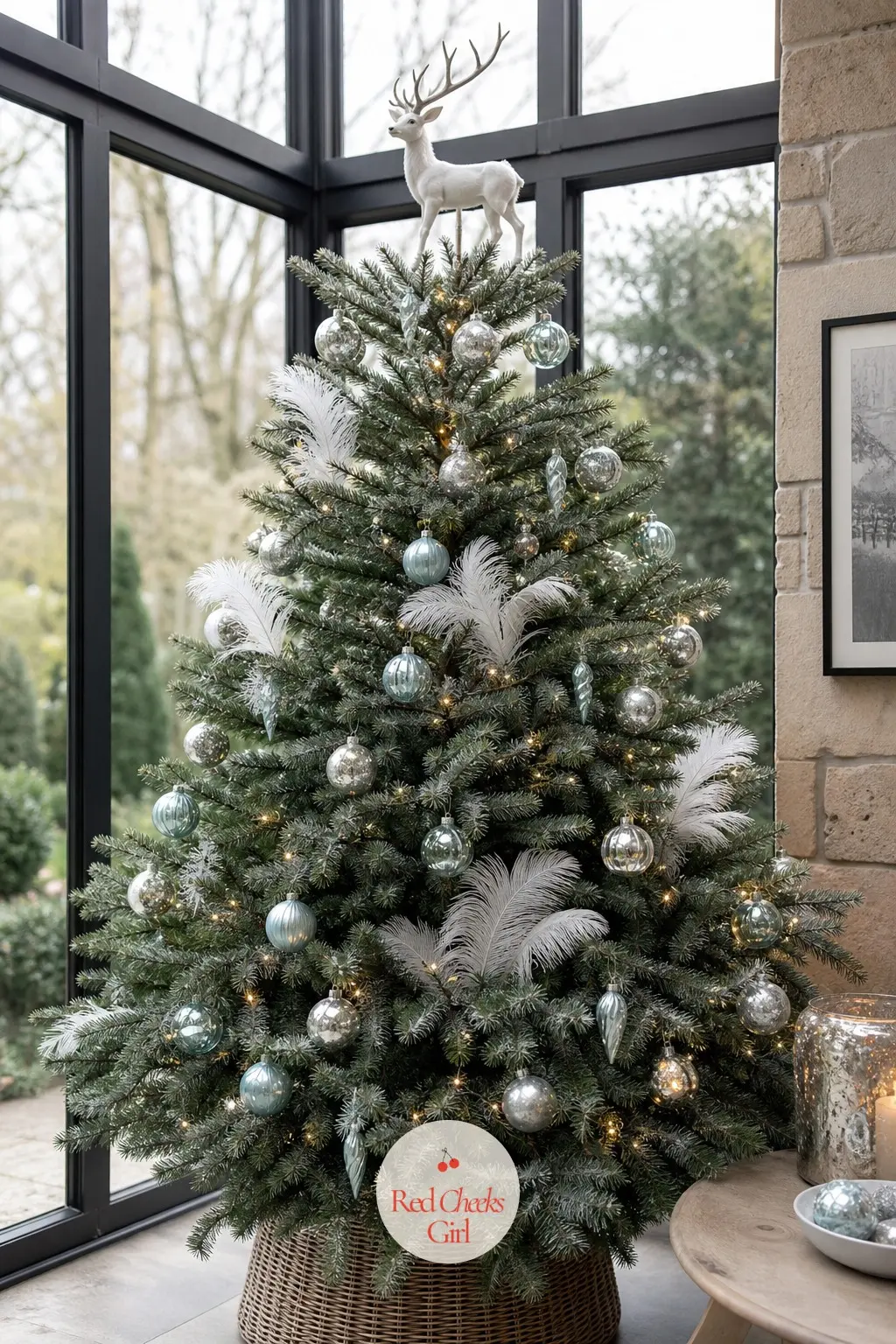 The White Stag Blue Spruce — A real blue spruce, left dense and broad rather than trimmed back, gives a figure topper the solid frame it needs to look grounded