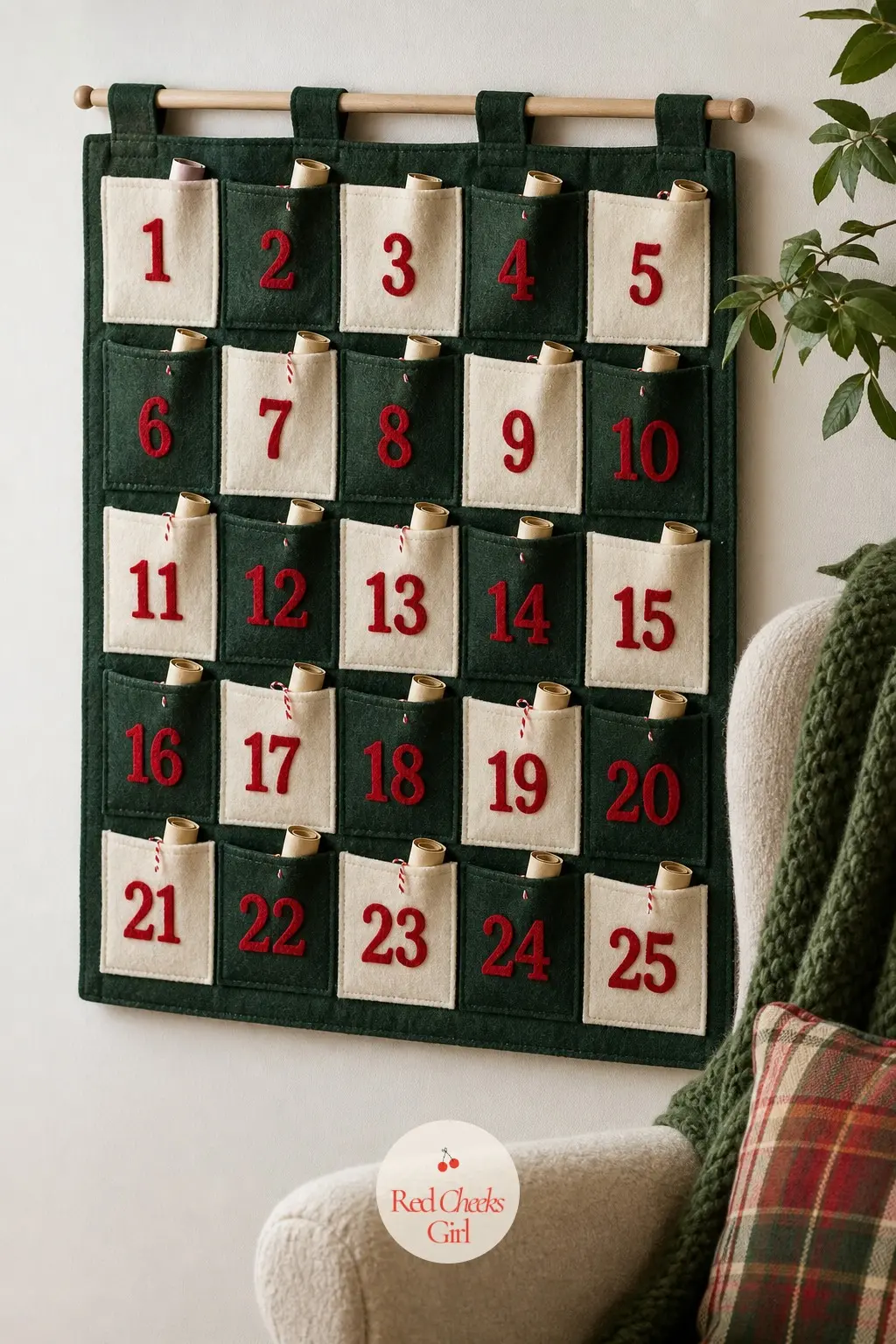 A Felt Advent Pocket Grid Pinned to the Wall Beside a Reading Chair — A grid of felt pockets does what a cardboard advent calendar cannot: it stays on the wall