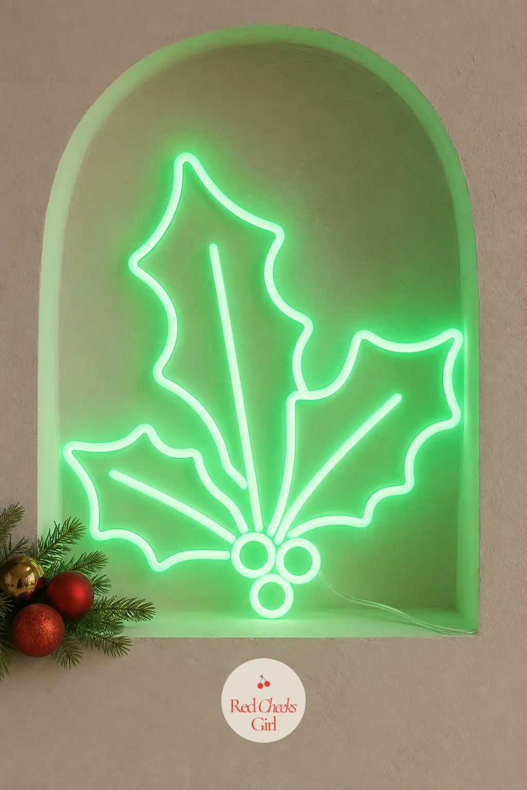 A Flex Neon Holly Sprig Glowing in a Wall Niche — Neon has quietly become a holiday staple for anyone who wants light without the look of a strand of bulbs.