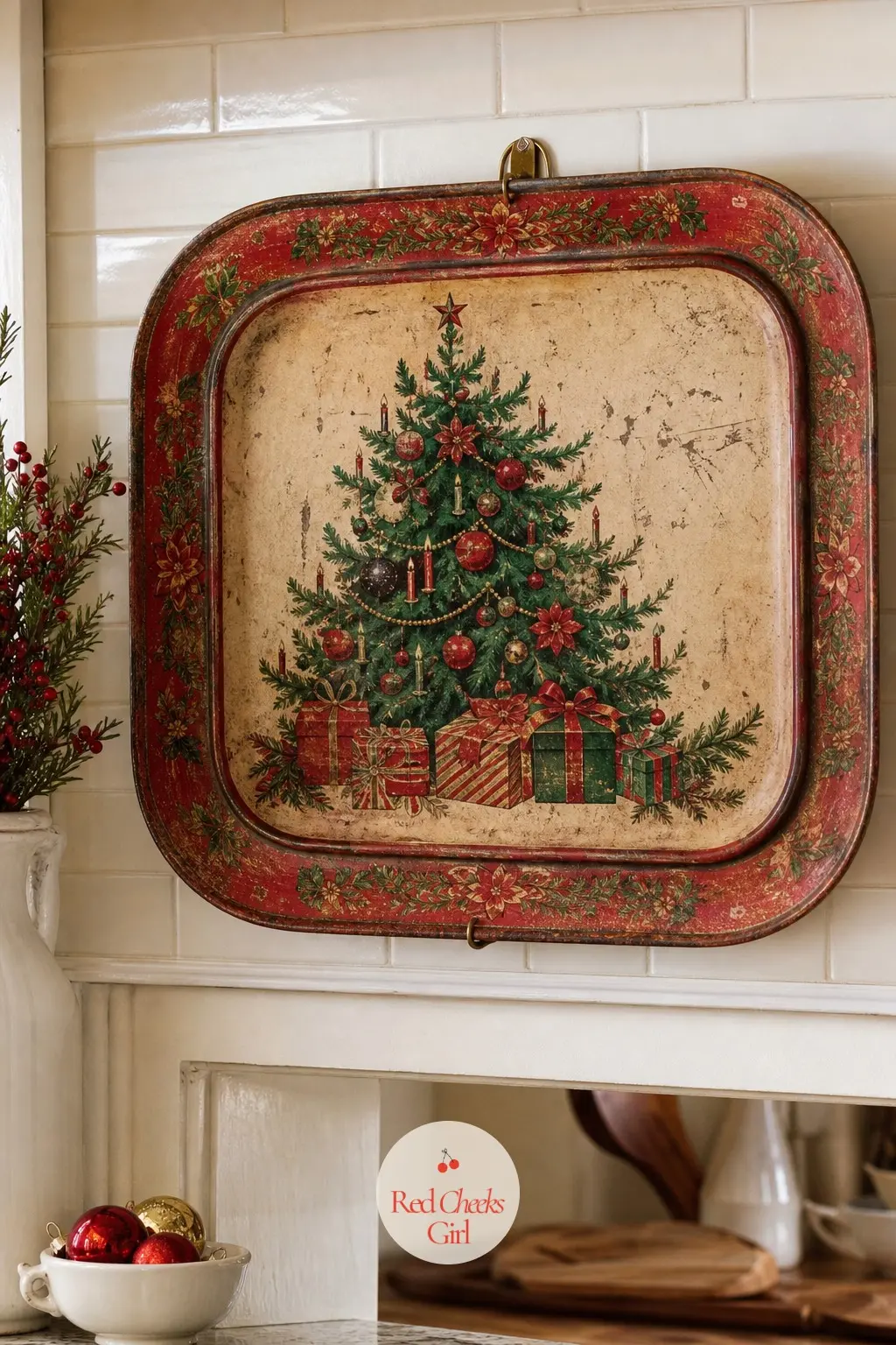 An Oversized Vintage Tin Tray Hung as Art Above a Kitchen Pass — A large vintage-style tin tray printed with a red and green holiday illustration hangs flat